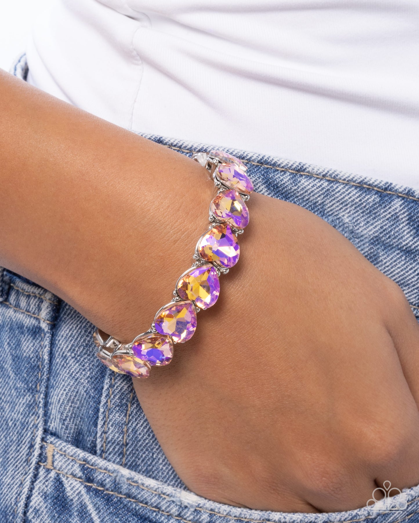 Only One You Love - Orange UV Shimmer Hearts Silver Stretchy Bracelet - Paparazzi Accessories