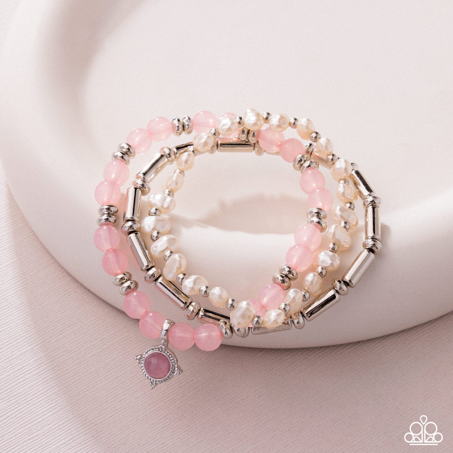 Testing the Waters - Pink Beaded Silver Stretchy Bracelet - Paparazzi Accessories