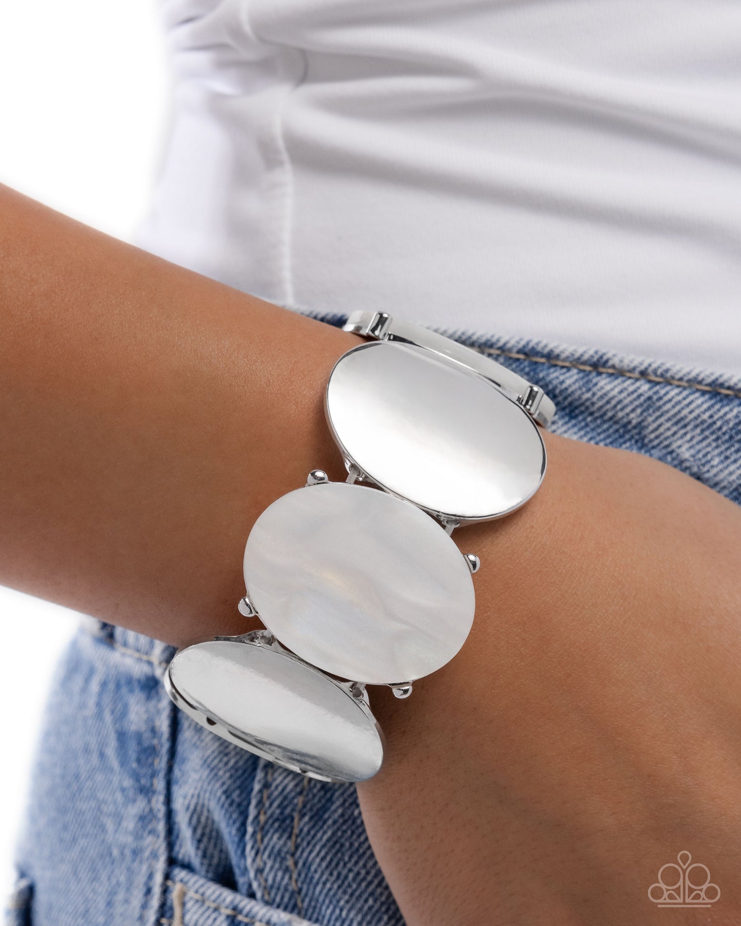 Longing for More - White Acrylic Oval Silver Stretchy Bracelet - Paparazzi Accessories
