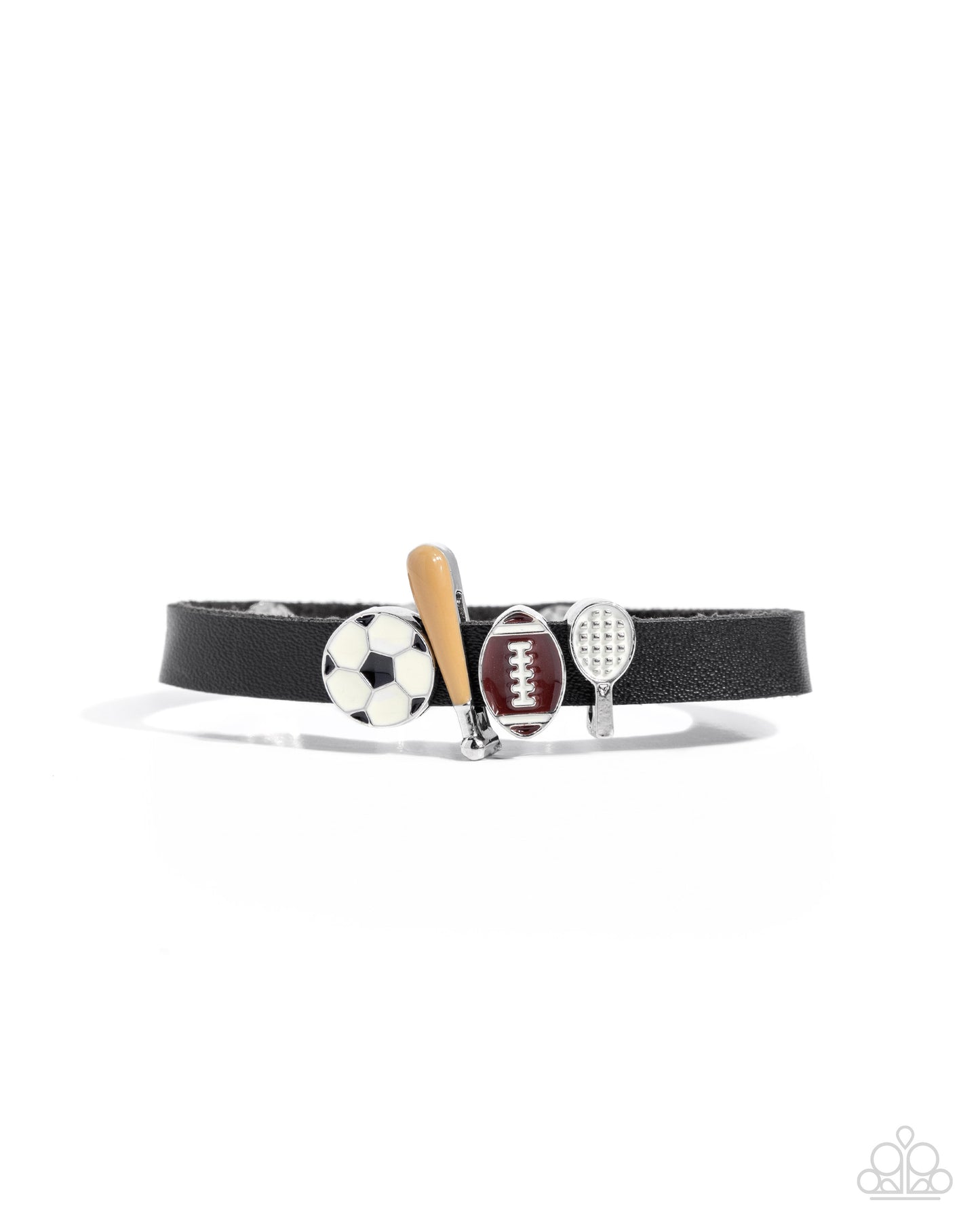 Good Sport - Multi - Soccer, Baseball, Football, Tennis Pendant Black Leather Snap Wrap Bracelet - Paparazzi Accessories