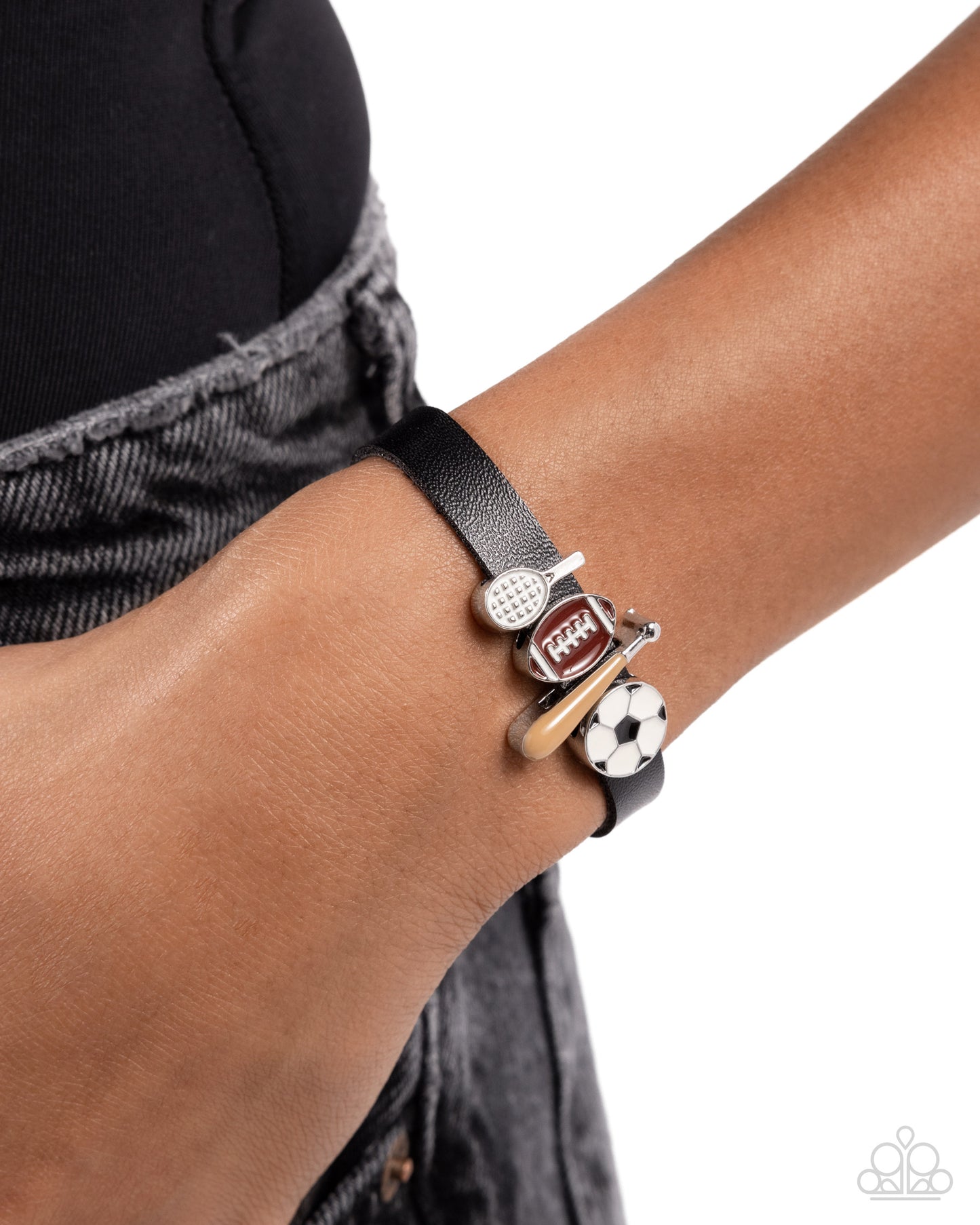 Good Sport - Multi - Soccer, Baseball, Football, Tennis Pendant Black Leather Snap Wrap Bracelet - Paparazzi Accessories