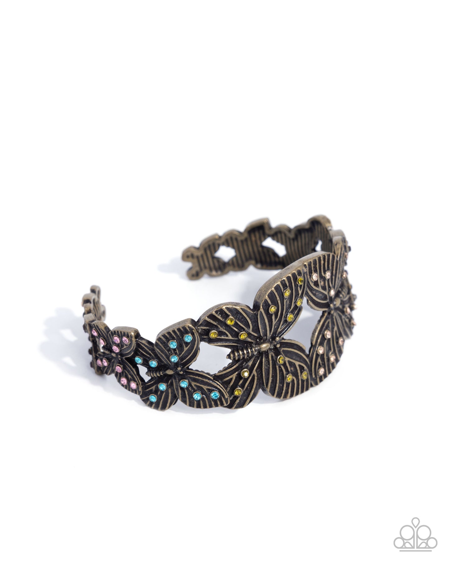Mariposa Makeover - Brass Butterfly Multi Rhinestone Cuff Bracelet - Paparazzi Accessories