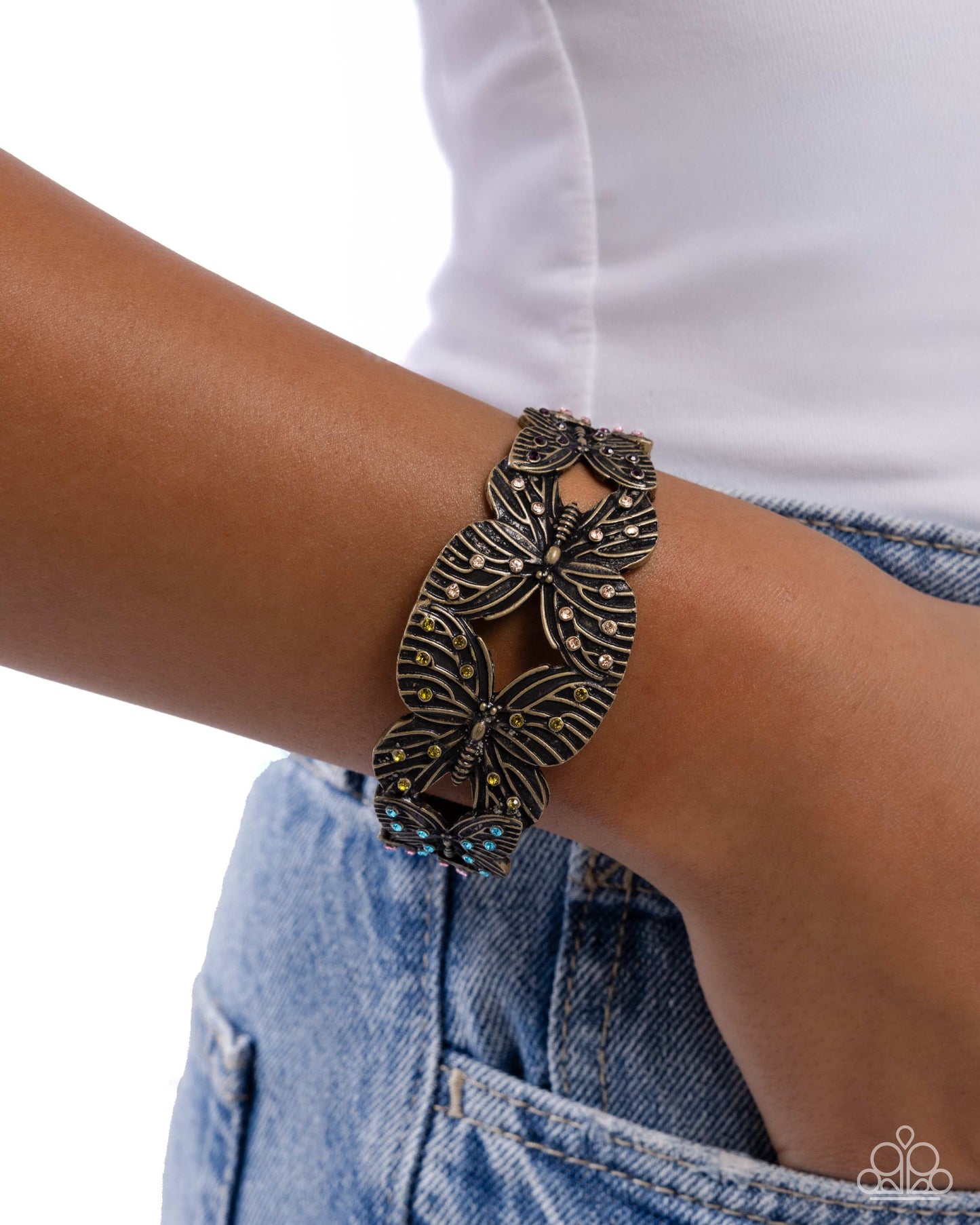 Mariposa Makeover - Brass Butterfly Multi Rhinestone Cuff Bracelet - Paparazzi Accessories