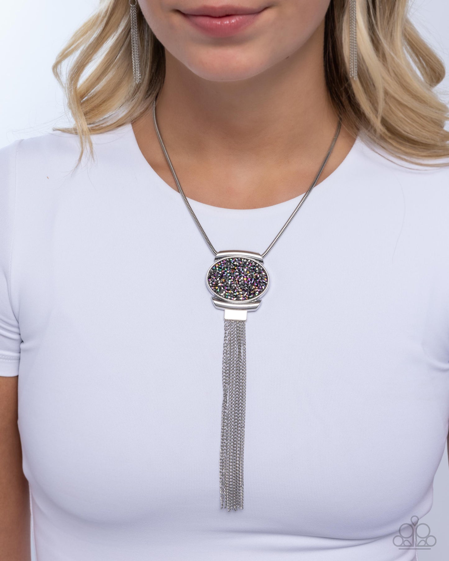 Chained Complication - Silver Druzy Rhinestone Necklace - Paparazzi Accessories
