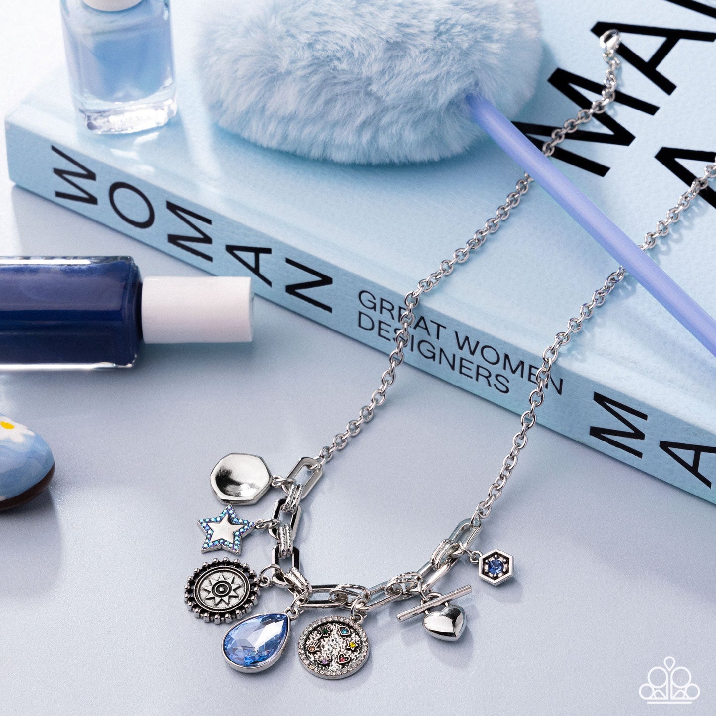 Welcome to the Show - Blue Rhinestone Charms Silver Necklace - Paparazzi Accessories