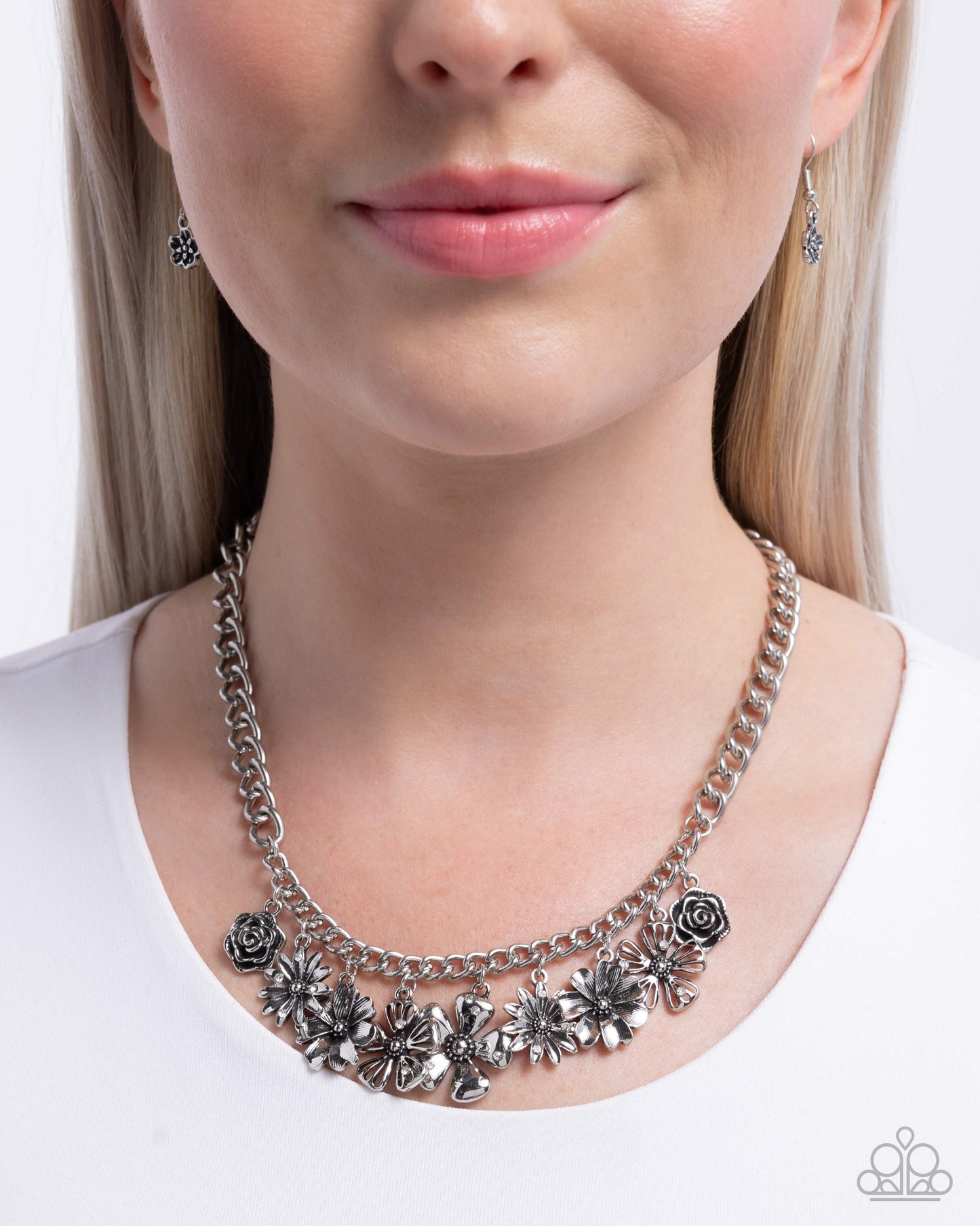 Loyal Layers - White Rhinestone Silver Flower Charm Necklace - Paparazzi Accessories