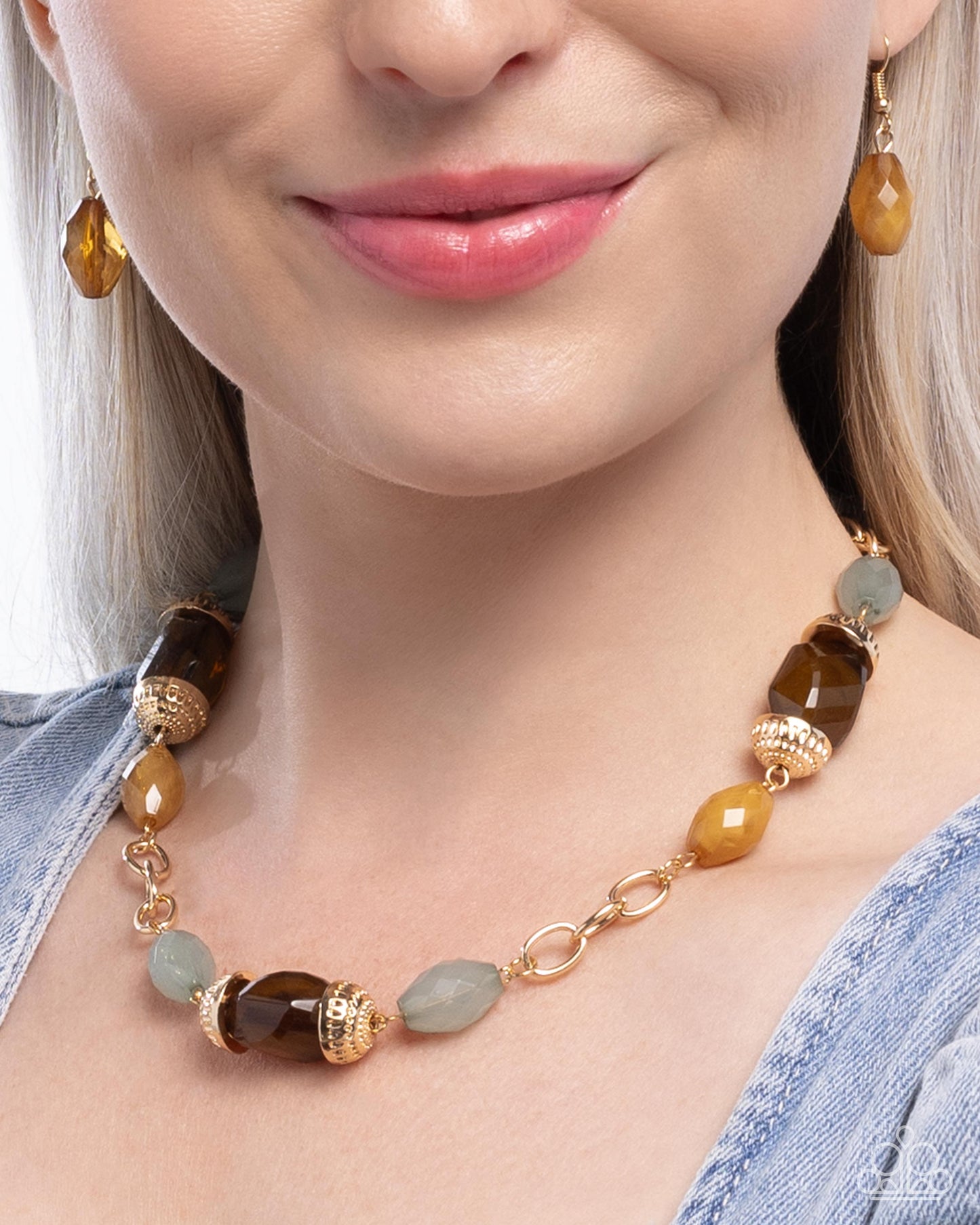 Brown & Soft Green Beaded Gold Necklace & Bracelet Complete Look - Paparazzi Accessories