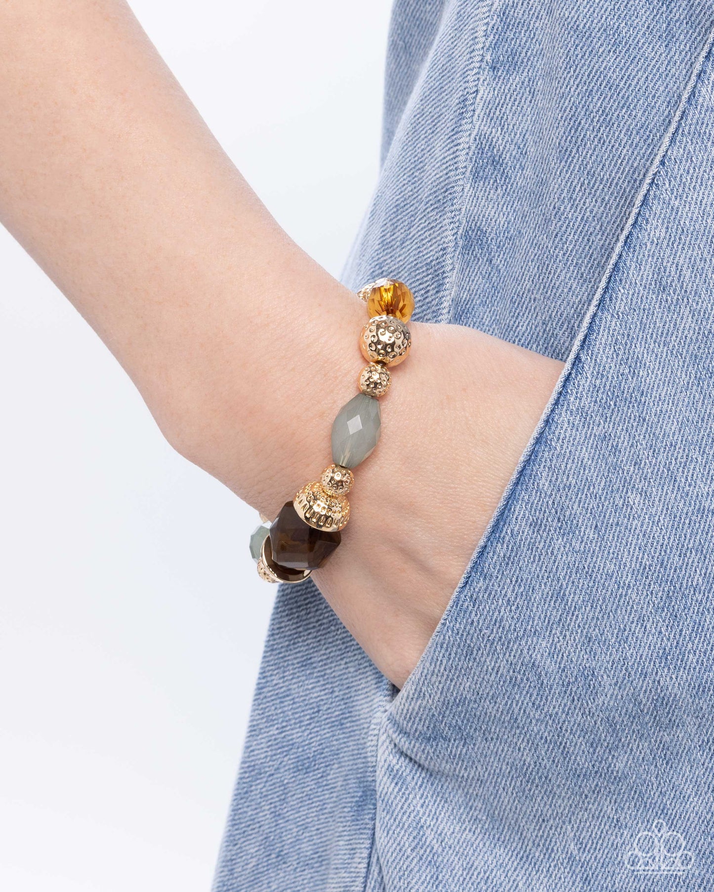 Brown & Soft Green Beaded Gold Necklace & Bracelet Complete Look - Paparazzi Accessories