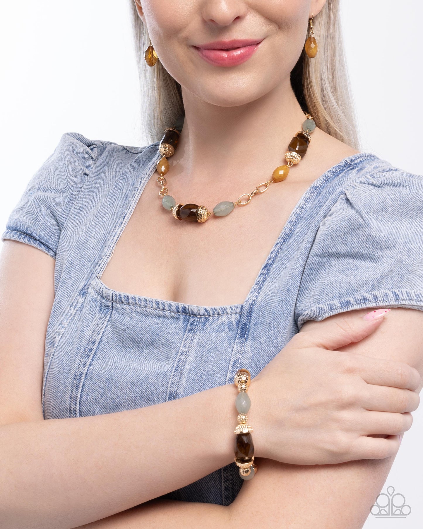 Brown & Soft Green Beaded Gold Necklace & Bracelet Complete Look - Paparazzi Accessories
