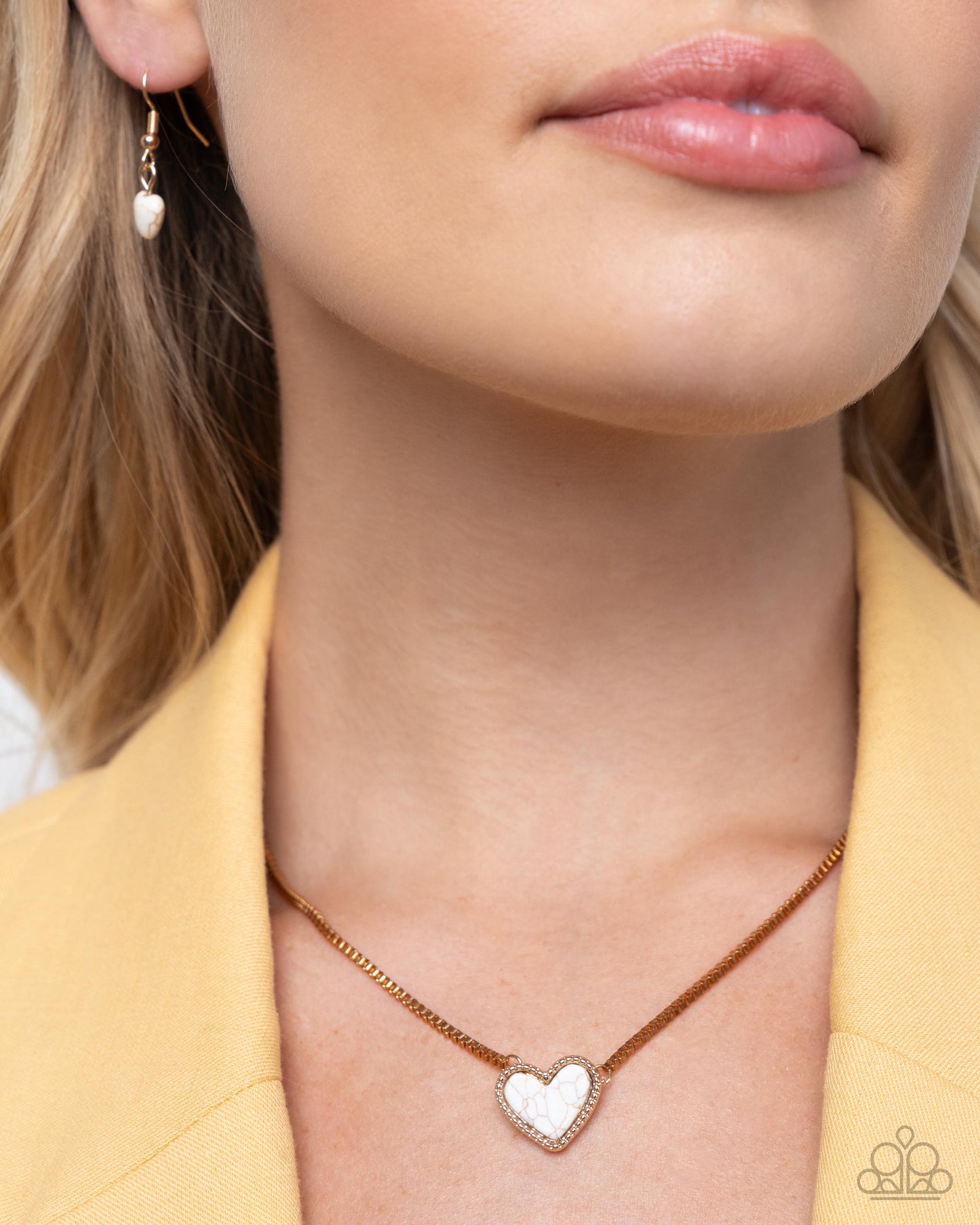 Courting Collection - Complete Look - Gold & White Crackle Stone Hearts Necklace, Bracelet, & Post Earrings - Paparazzi Accessories