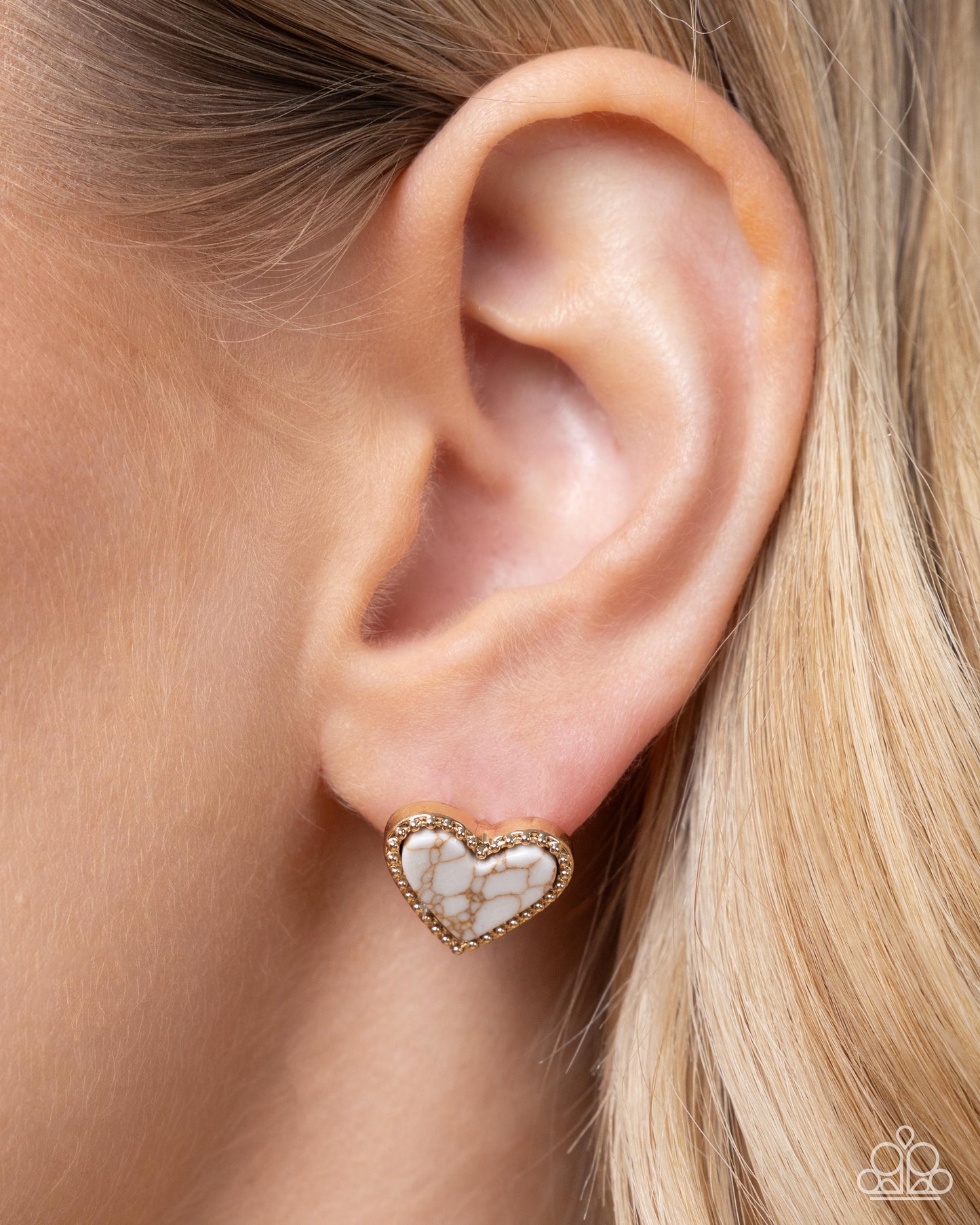 Courting Collection - Complete Look - Gold & White Crackle Stone Hearts Necklace, Bracelet, & Post Earrings - Paparazzi Accessories