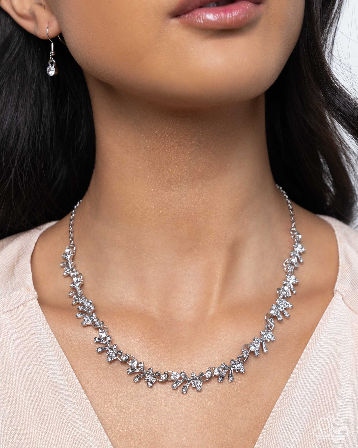 Complete Look - Airy Silver & White Rhinestone Leaves Necklace & Clasp Bracelet - Paparazzi Accessories