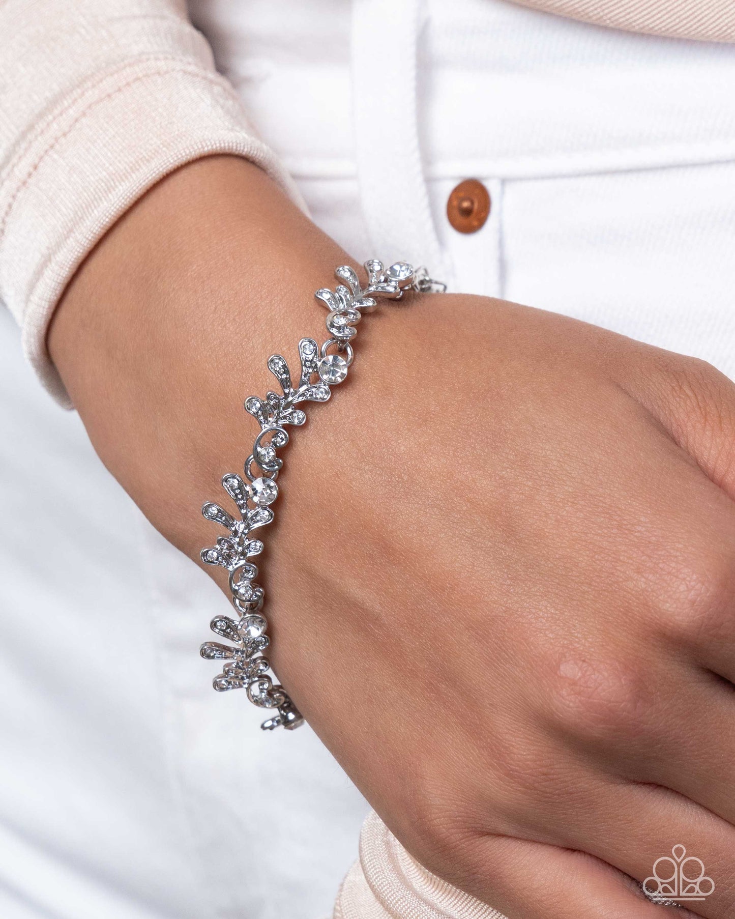 Complete Look - Airy Silver & White Rhinestone Leaves Necklace & Clasp Bracelet - Paparazzi Accessories