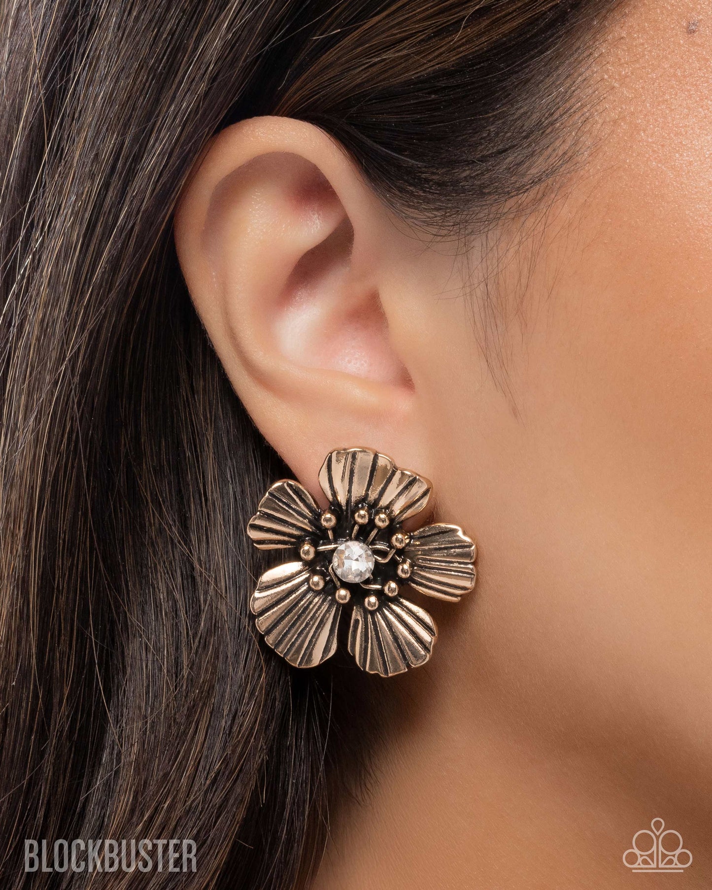 Blossoming Backdrop - Gold Clip-on Earrings - Paparazzi Accessories