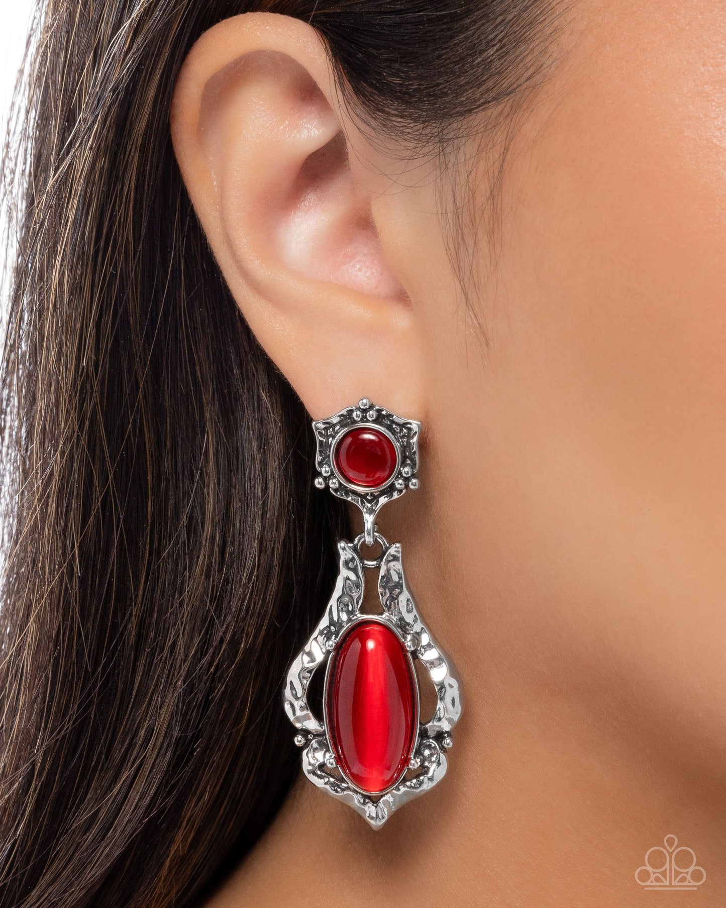 High-End Reservation - Red Cat's Eye Stone Silver Post Earrings - Paparazzi Accessories