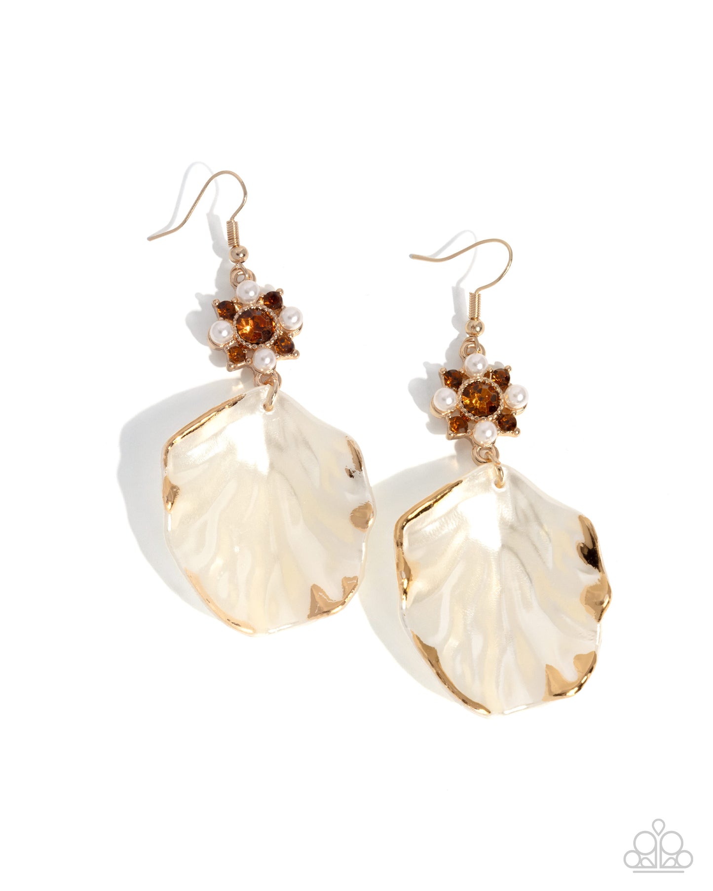 Coastal Candidate - Brown Rhinestone Shell Gold Fishhook Earrings - Paparazzi Accessories