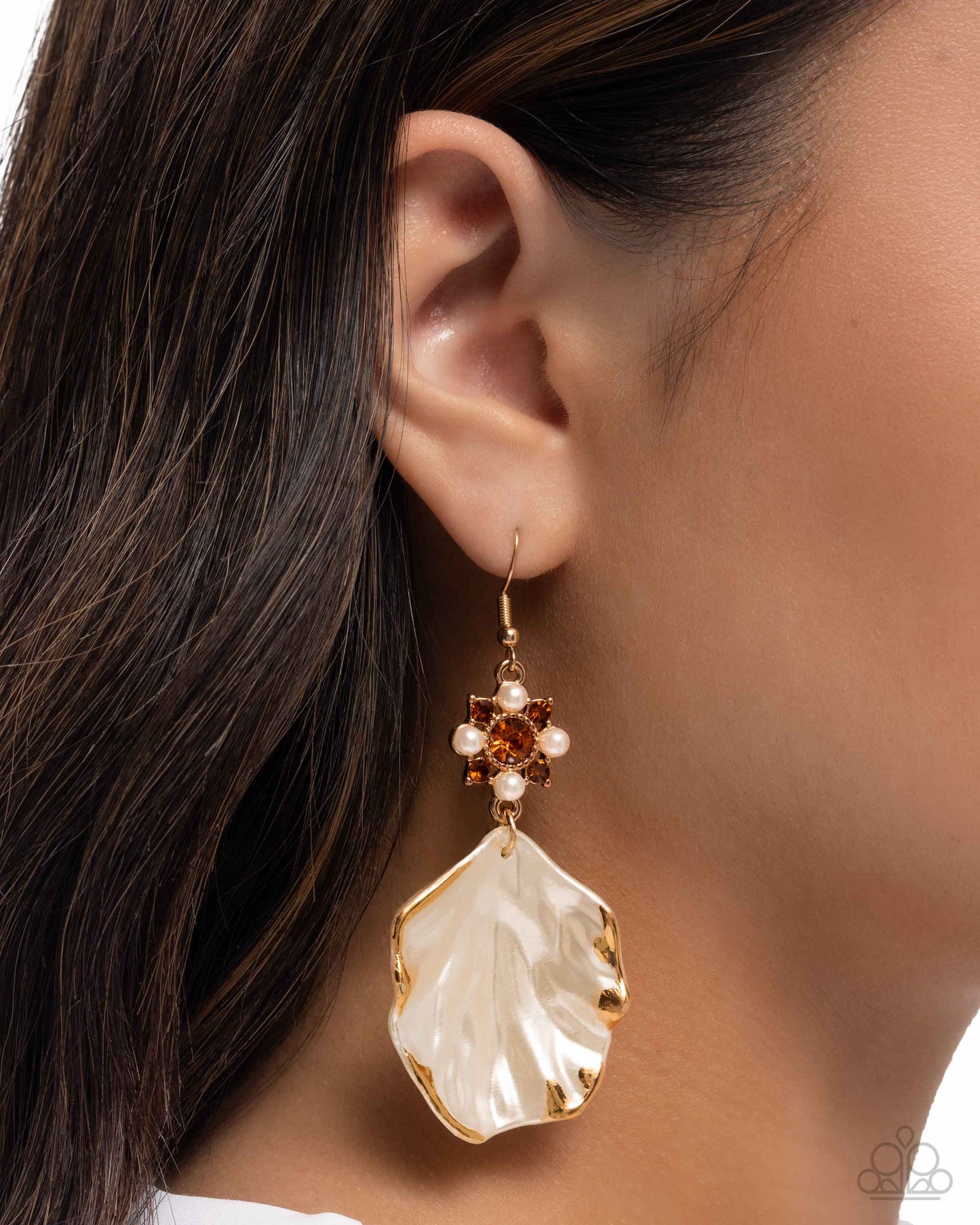 Coastal Candidate - Brown Rhinestone Shell Gold Fishhook Earrings - Paparazzi Accessories