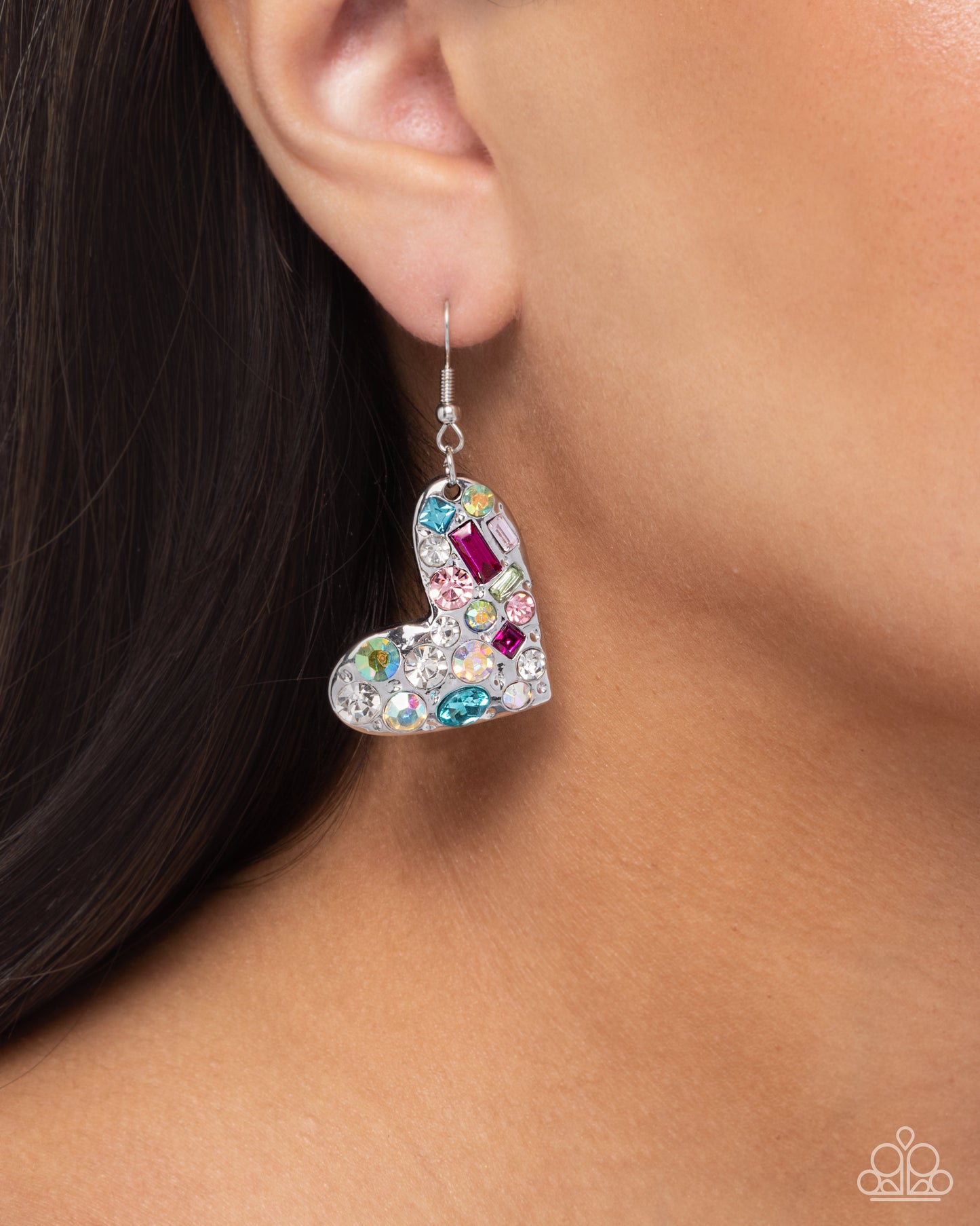 Tender Treasure - Multi Rhinestone Silver Hearts Fishhook Earrings - Paparazzi Accessories