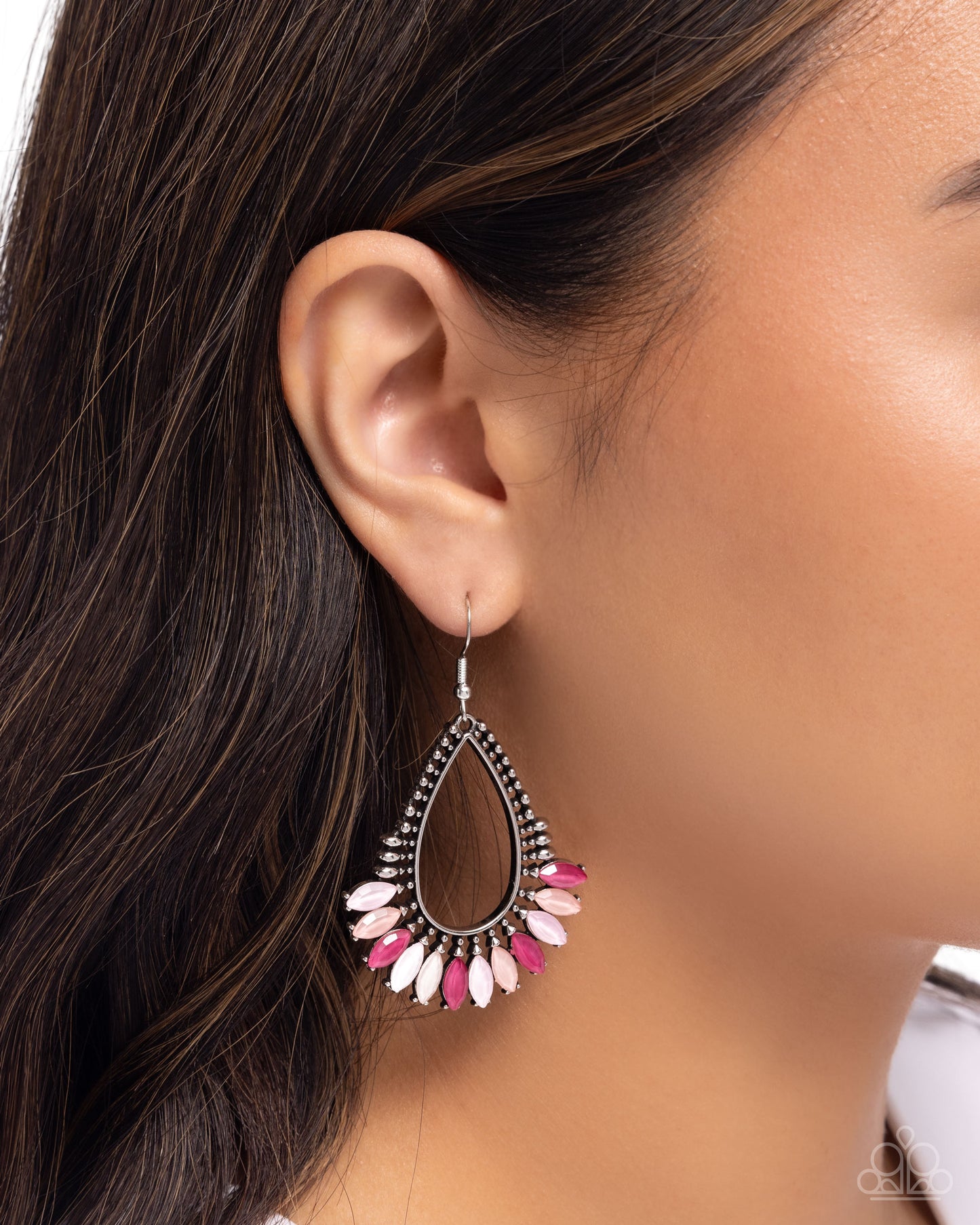 Pronged Pattern - Pink Marquise Gem Silver Teardrop Fishhook Earrings - Paparazzi Accessories