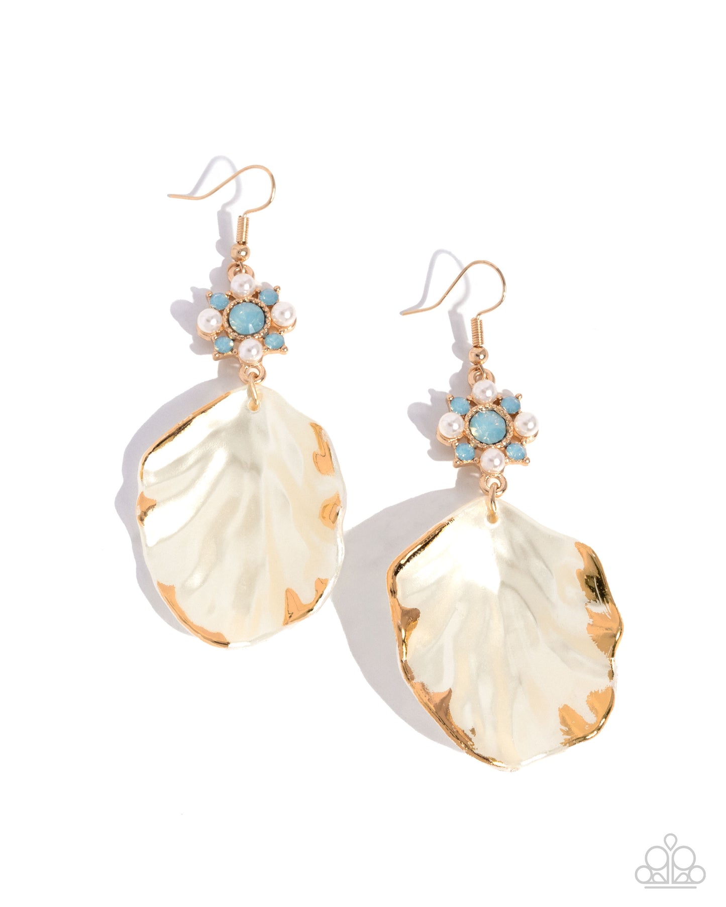 Coastal Candidate - Blue Opalescent Rhinestone, Pearl Shell Gold Fishhook Earrings - Paparazzi Accessories