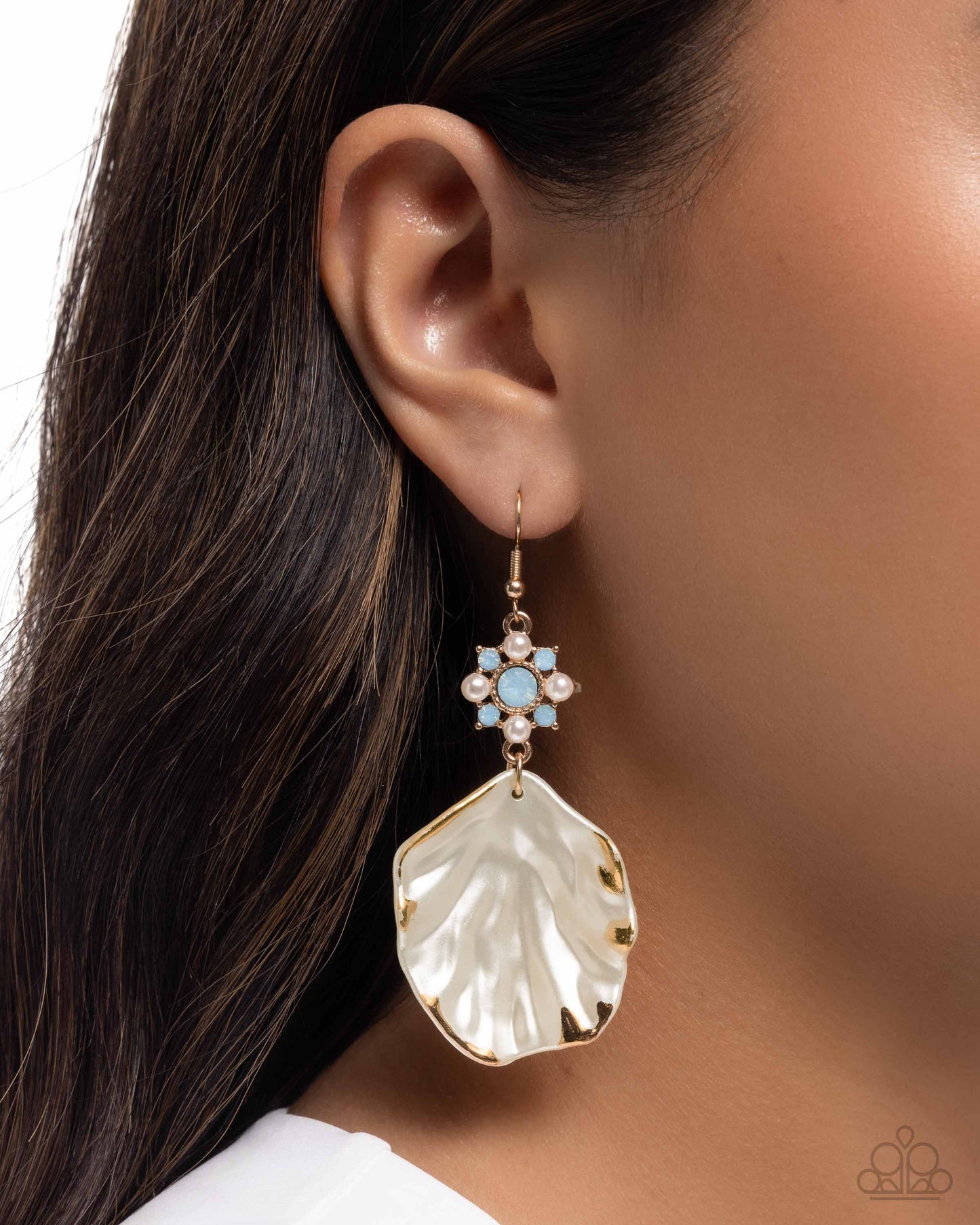 Coastal Candidate - Blue Opalescent Rhinestone, Pearl Shell Gold Fishhook Earrings - Paparazzi Accessories