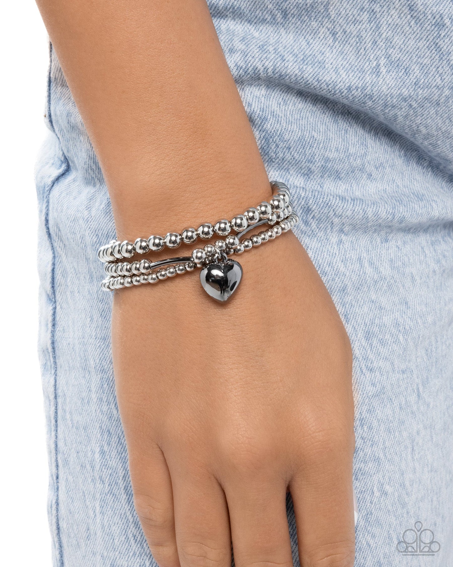 Engaged Explorer - Black, Gunmetal Heart Charm Silver Stretchy Bracelet - Paparazzi Accessories