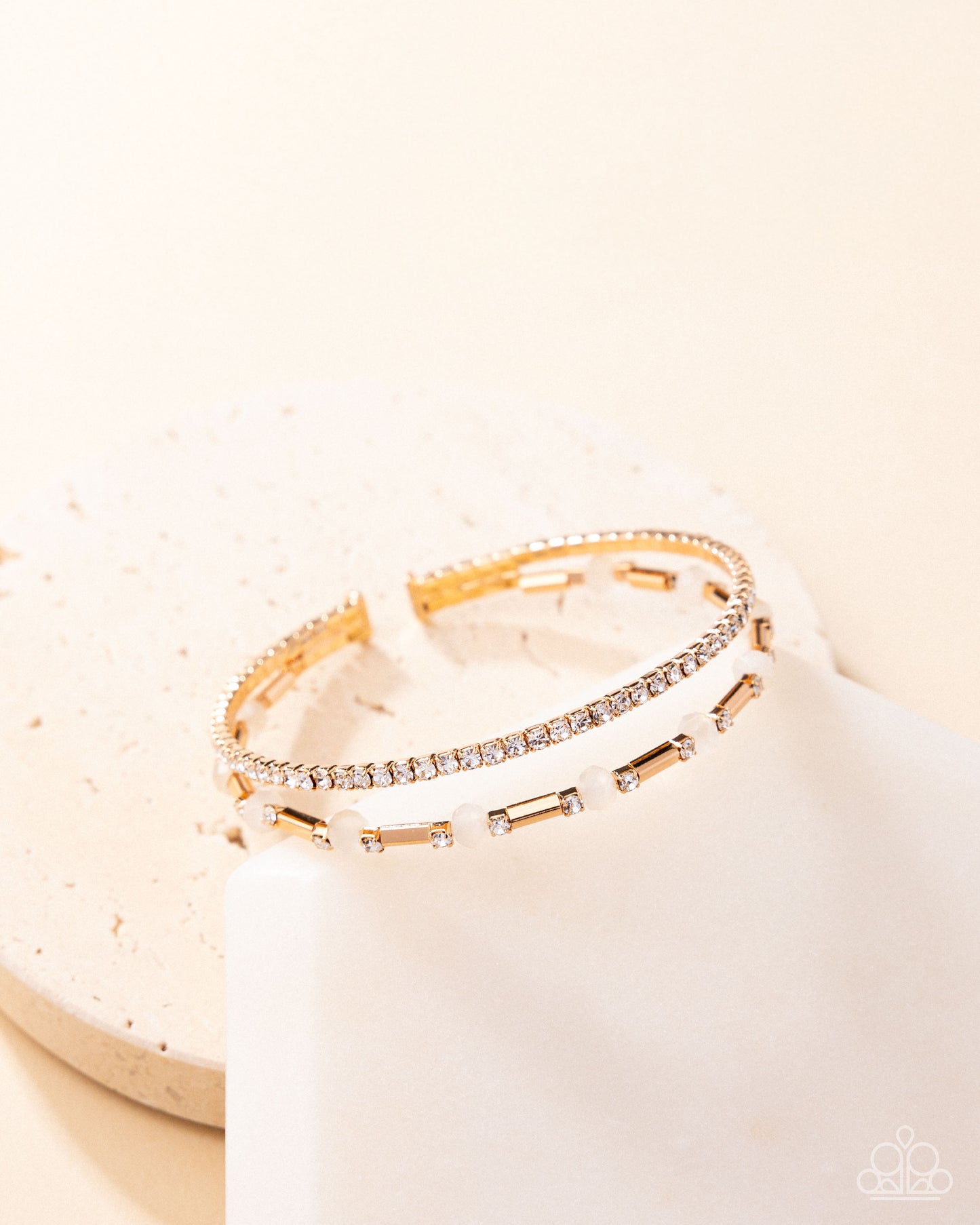 Publicity Pizzazz - Gold - White Beads & Rhinestones Flex Cuff Bracelet - Paparazzi Accessories