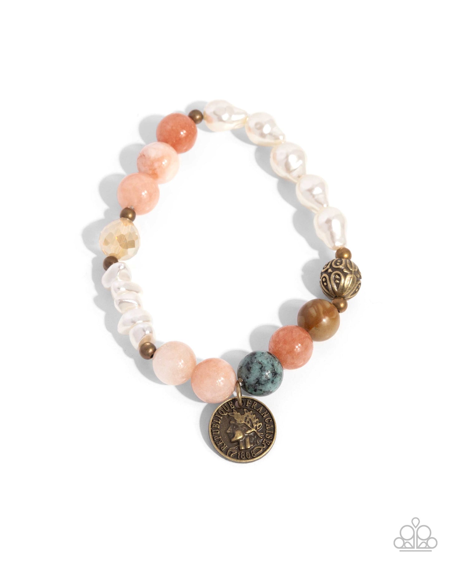 Chic Currency - Orange Stone White Pearl Brass Stretchy Bracelet - Paparazzi Accessories