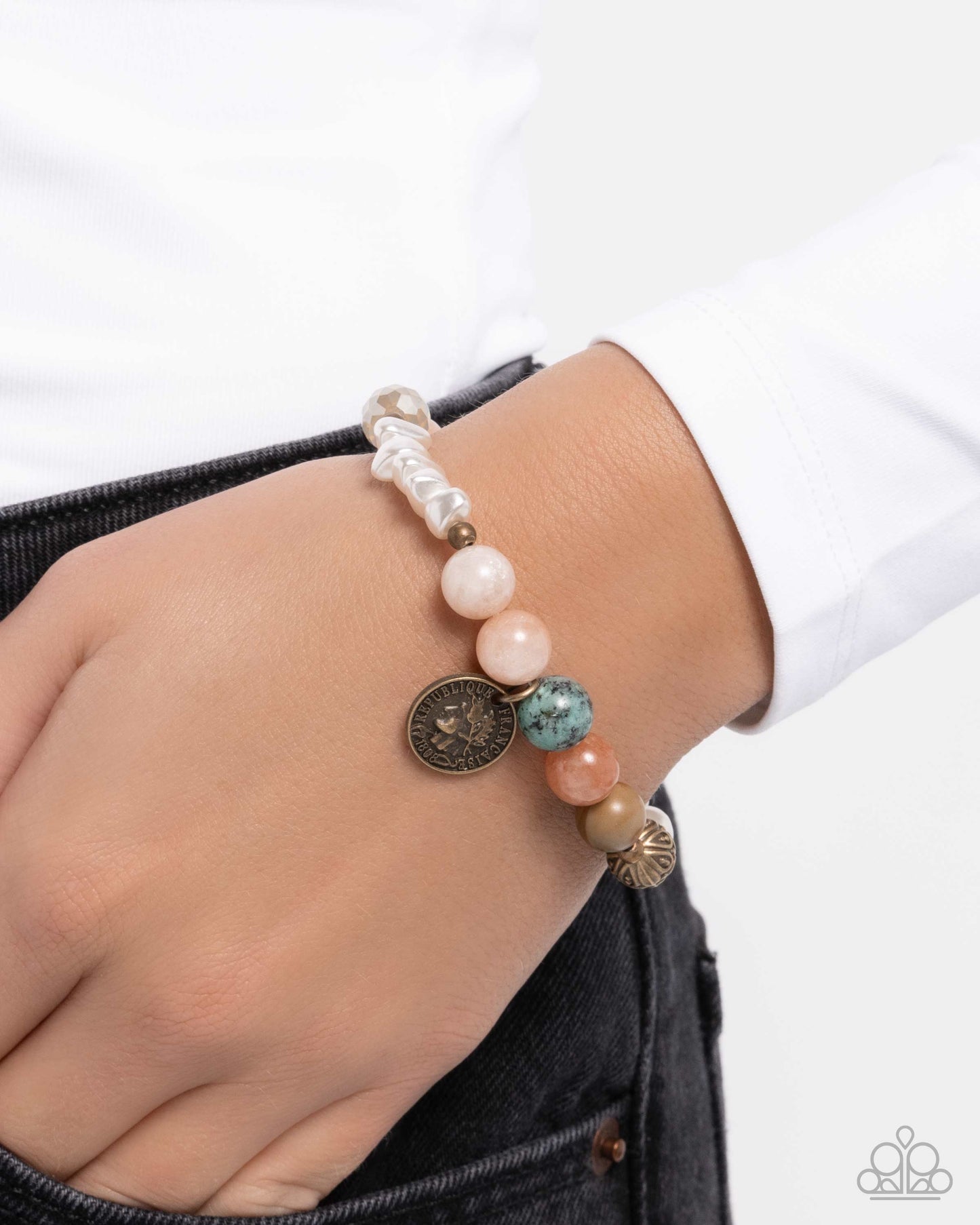 Chic Currency - Orange Stone White Pearl Brass Stretchy Bracelet - Paparazzi Accessories