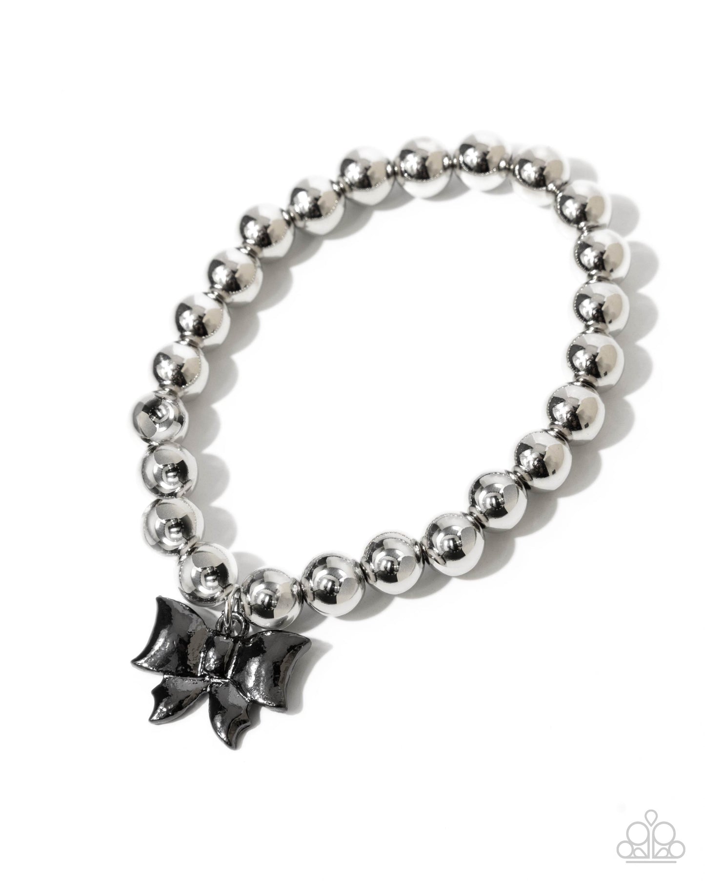 Young Lady - Black Acrylic Bow Charm Silver Stretchy Bracelet - Paparazzi Accessories