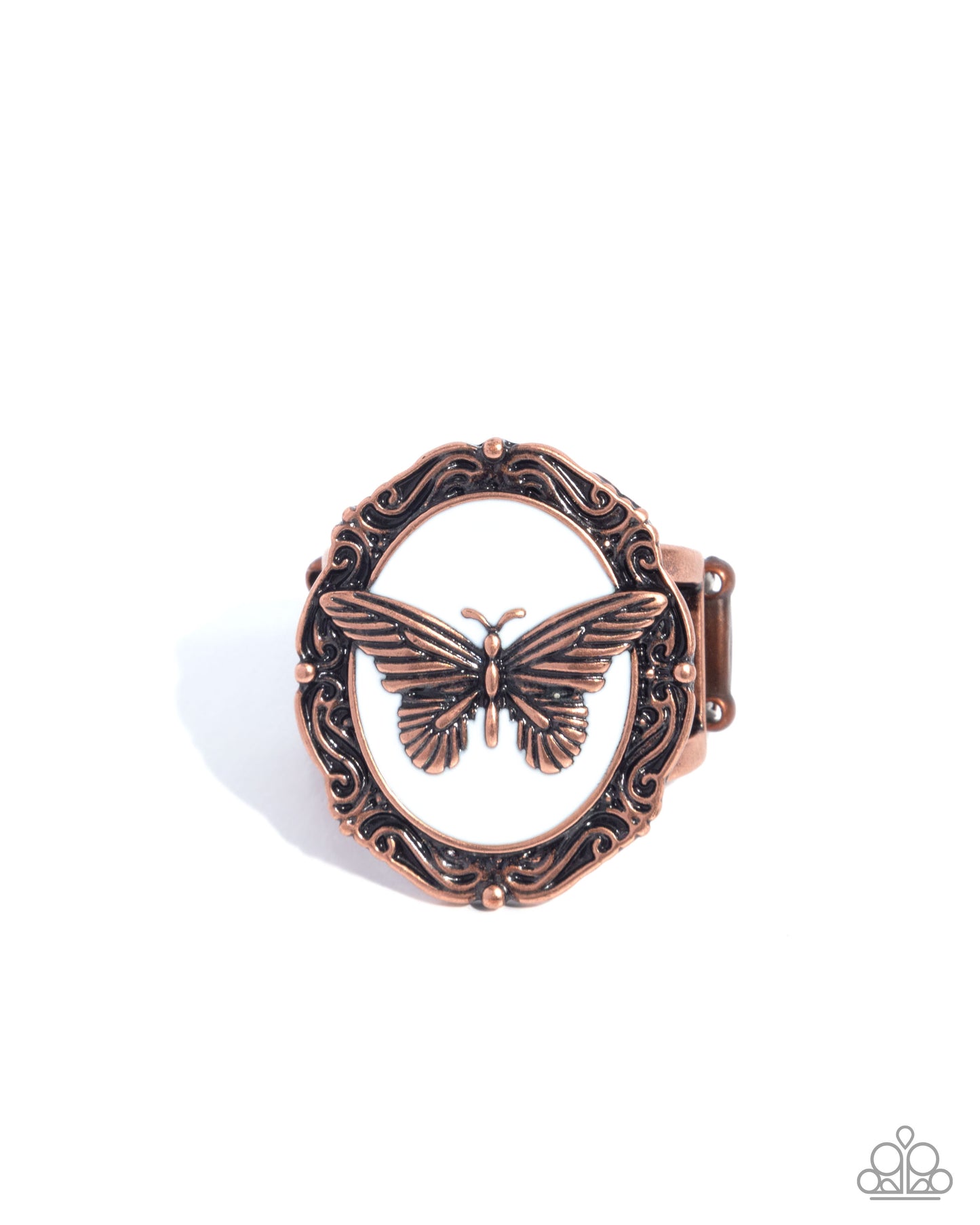 Fluttering Fad - Copper Butterfly White Oval Ring - Paparazzi Accessories