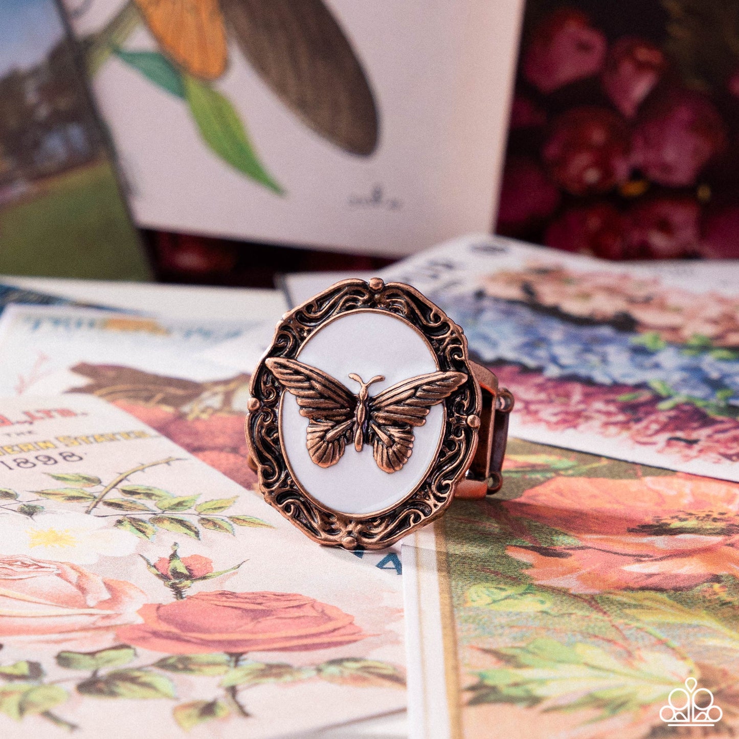 Fluttering Fad - Copper Butterfly White Oval Ring - Paparazzi Accessories