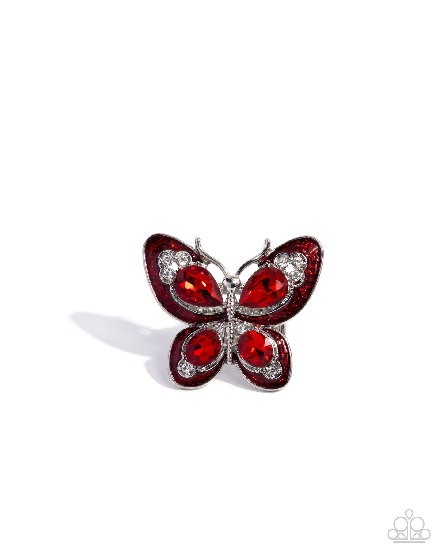 Floating Fantasy - Red Rhinestone Silver Butterfly Ring - Paparazzi Accessories