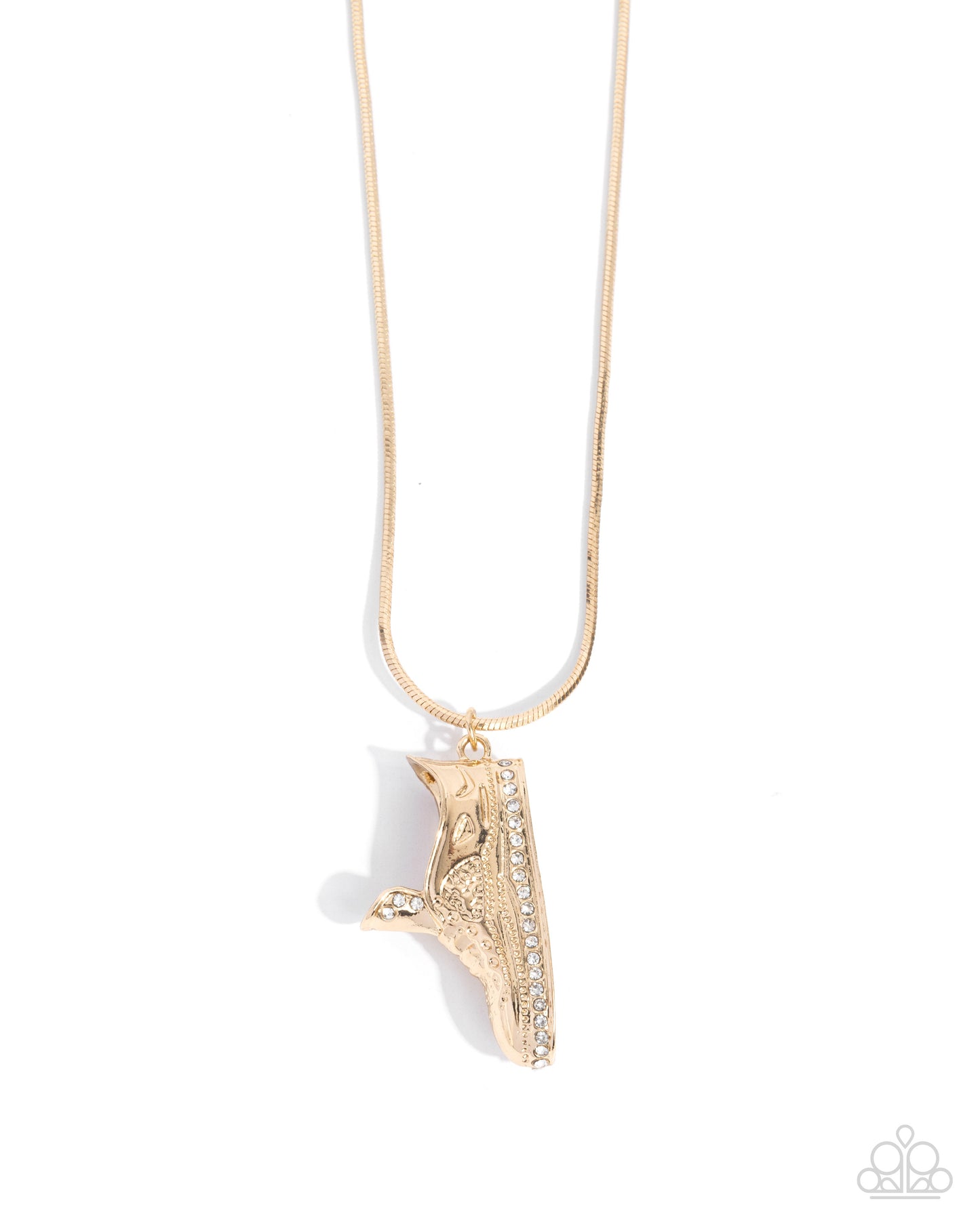 Sneaker Shimmer - Gold & White Rhinestone Shoe Pendant Necklace - Paparazzi Accessories
