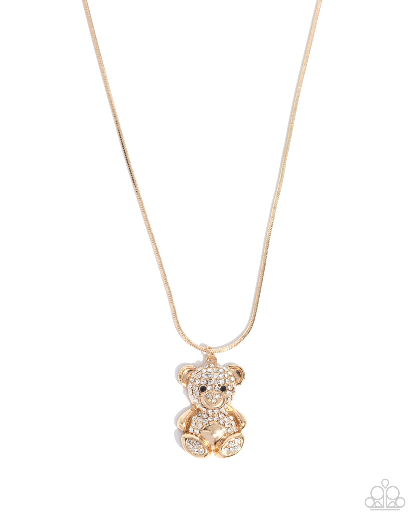 Cuddly Chic - Gold & White Rhinestone Teddy Bear Pendant Necklace - Paparazzi Accessories