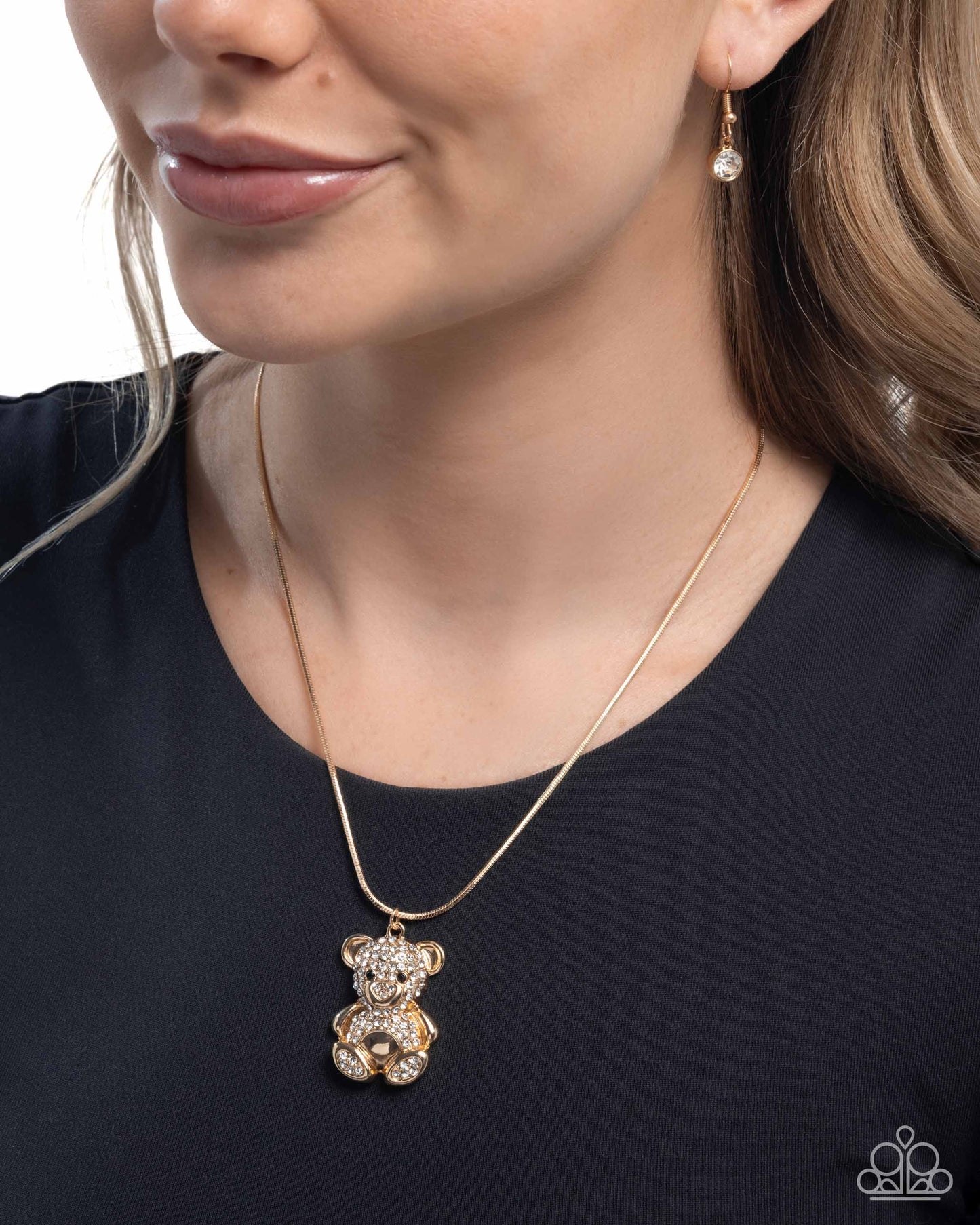 Cuddly Chic - Gold & White Rhinestone Teddy Bear Pendant Necklace - Paparazzi Accessories