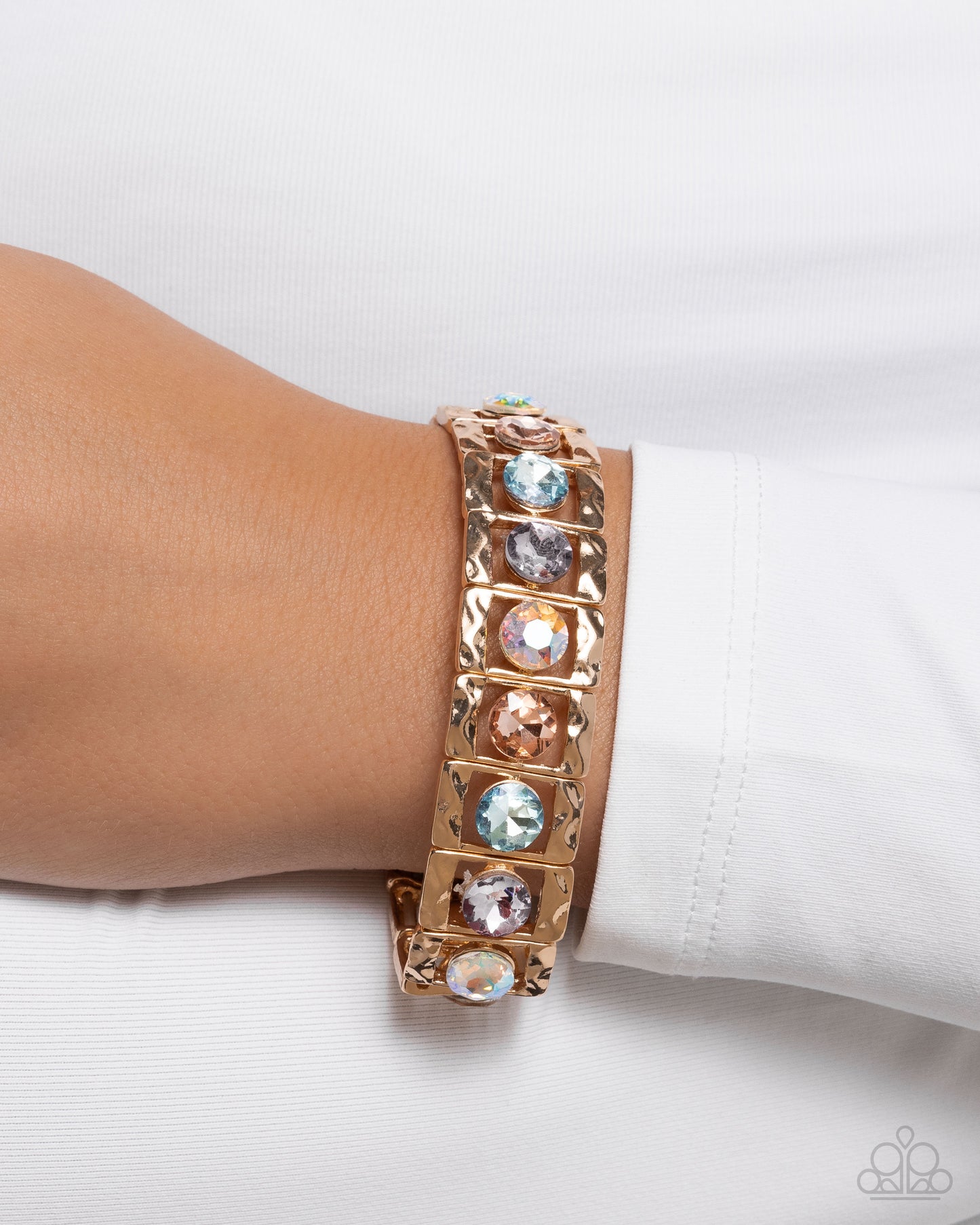 Taking SQUARE Of Business - Multi Rhinestone Gold Stretchy Bracelet - Paparazzi Accessories