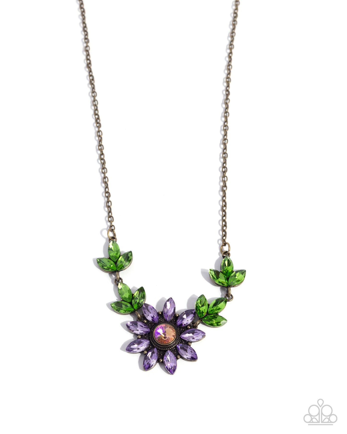 Blossoming Baseline - Brass & UV Rhinestone Gem Necklace - Paparazzi Accessories