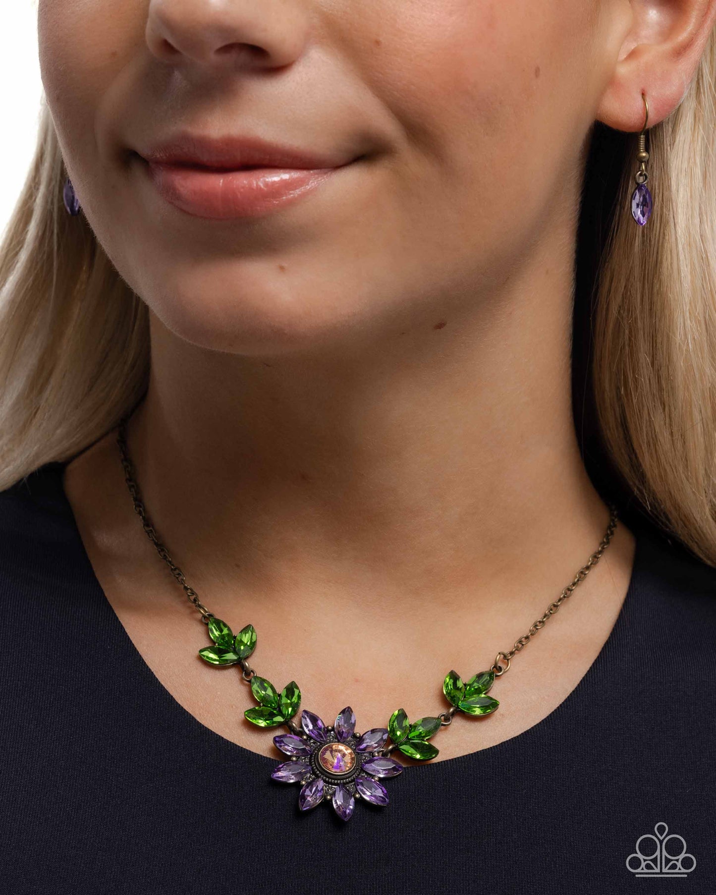 Blossoming Baseline - Brass & UV Rhinestone Gem Necklace - Paparazzi Accessories