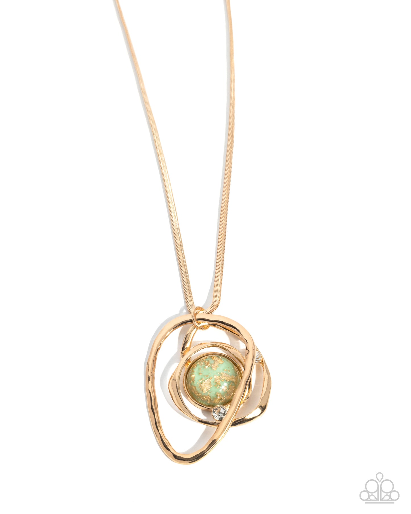 Abstract Advance - Green Bead Gold Foil Flecked Gold Pendant Necklace - Paparazzi Accessories