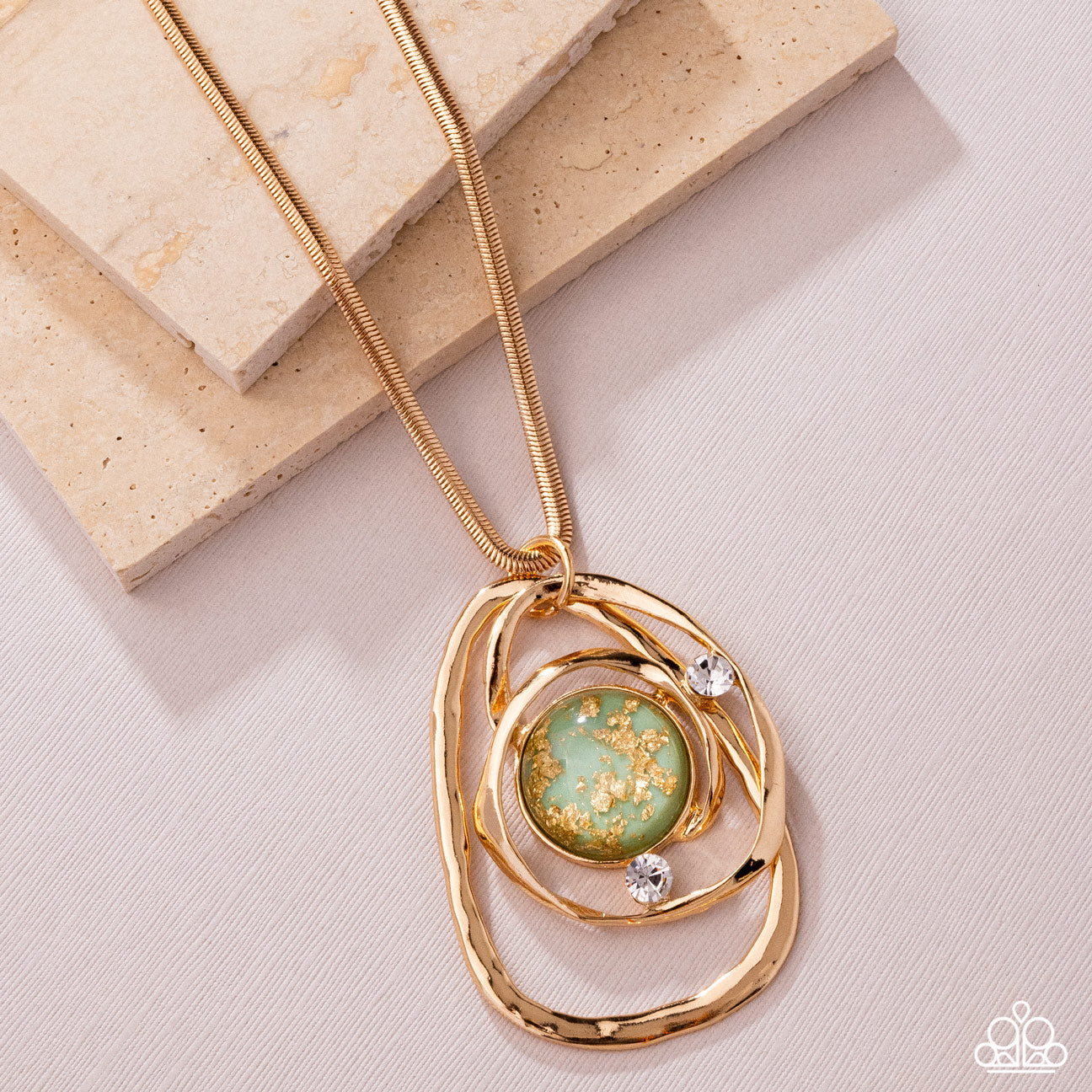 Abstract Advance - Green Bead Gold Foil Flecked Gold Pendant Necklace - Paparazzi Accessories