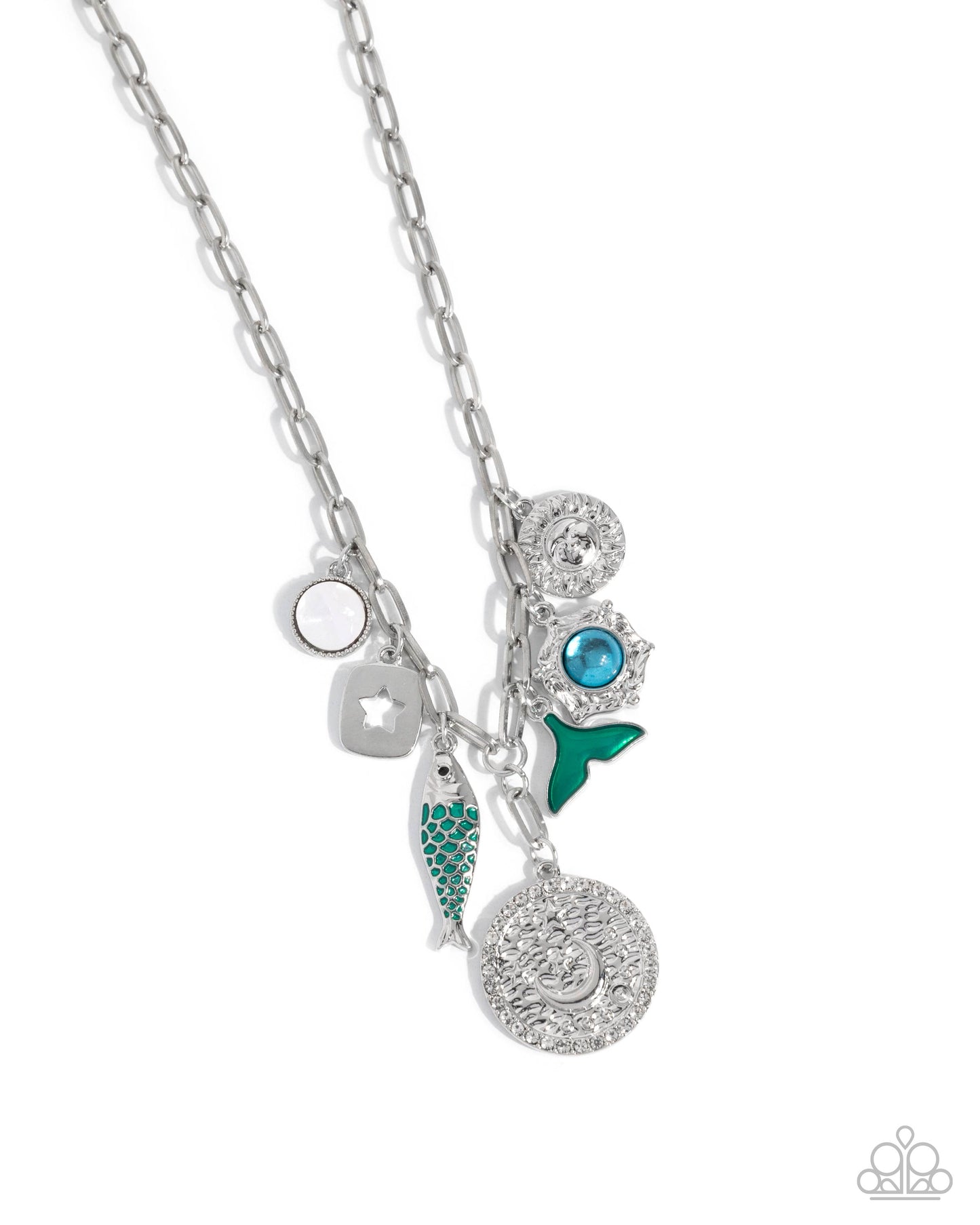 Mismatched Mystery - Green Charms Silver Necklace - Paparazzi Accessories