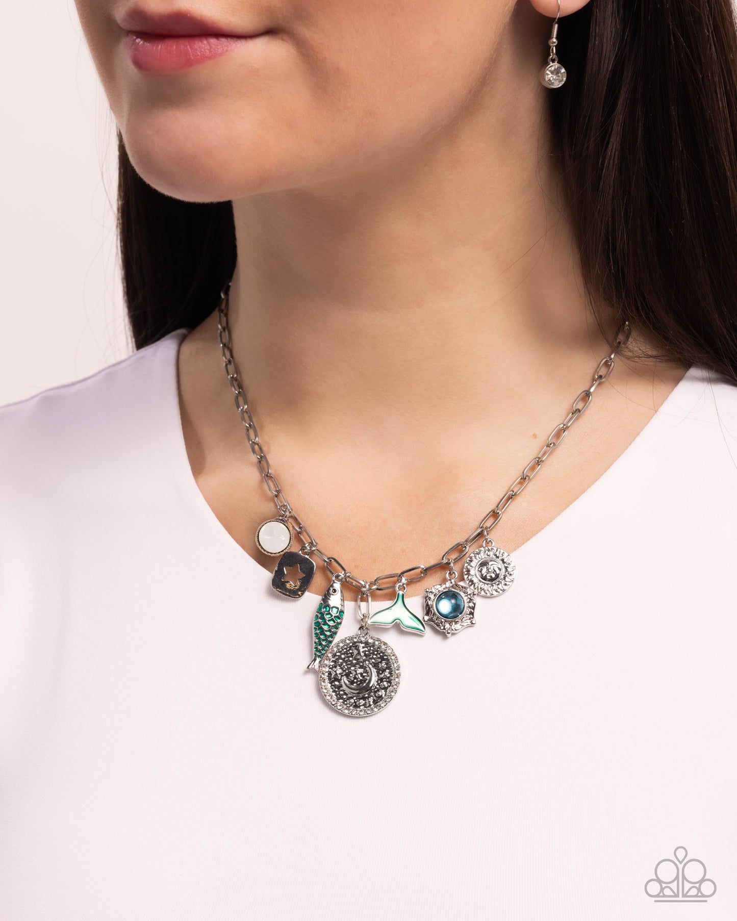 Mismatched Mystery - Green Charms Silver Necklace - Paparazzi Accessories