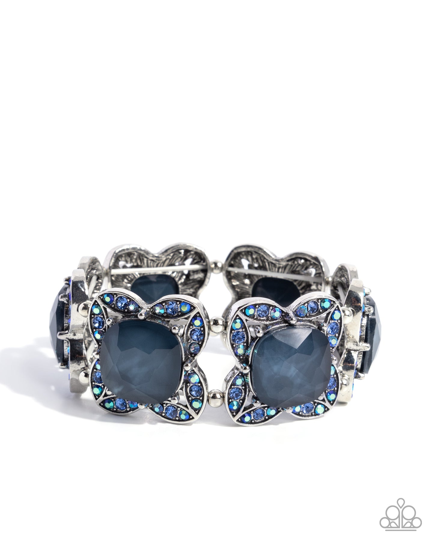 Bandwagon Beauty - Blue Iridescent Rhinestone Silver Stretchy Bracelet - Paparazzi Accessories