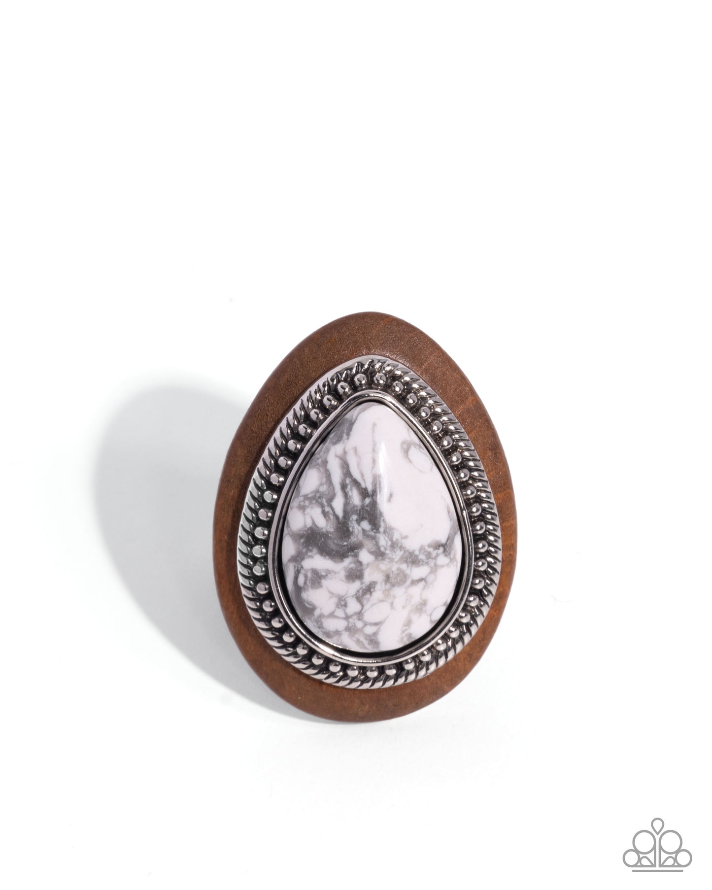 Santa Fe Stance - Silver White Gray Marbled Stone Wood Framed Ring - Paparazzi Accessories