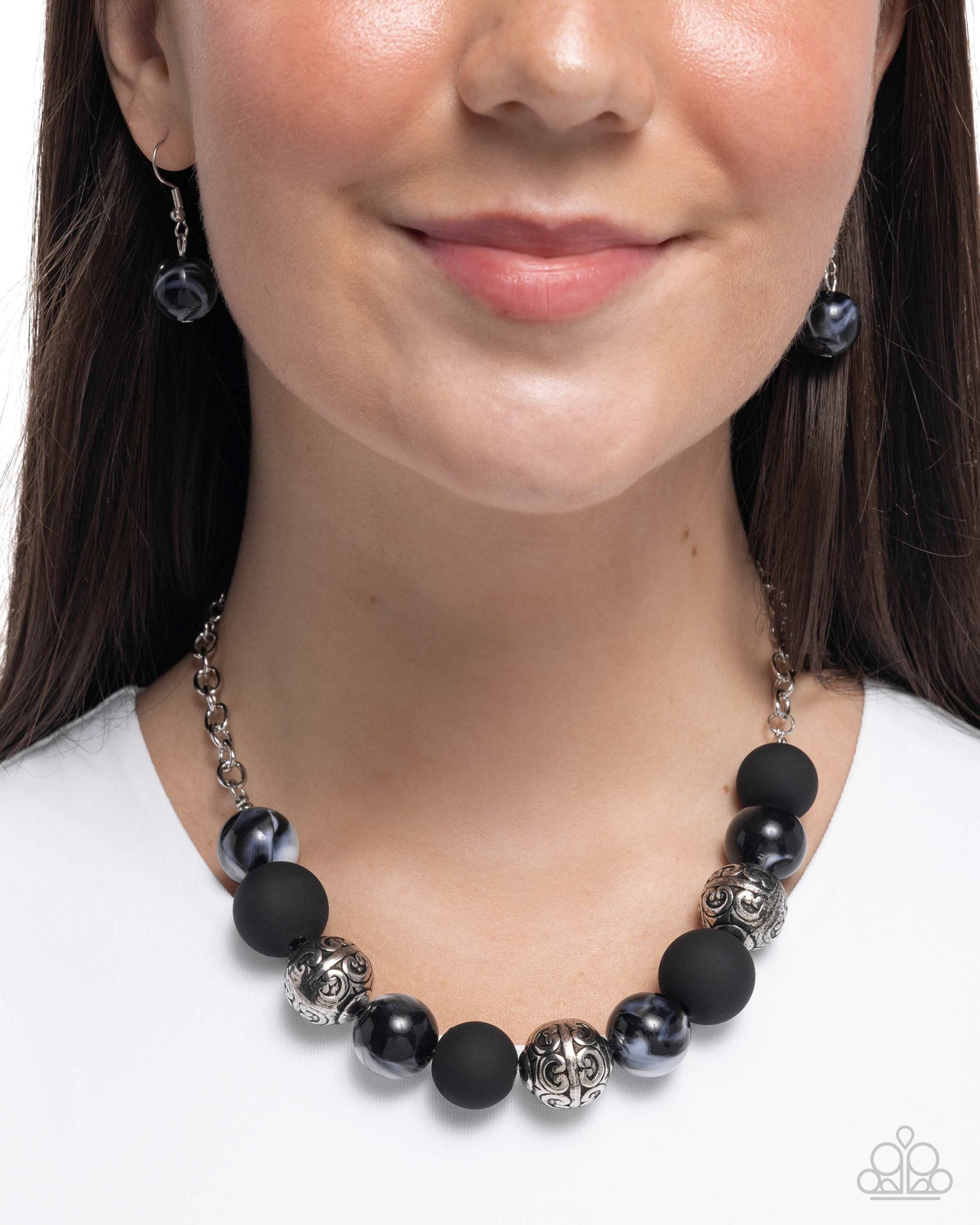 Bewitching Texture - Black Marbled Acrylic Beads Silver Necklace - Paparazzi Accessories