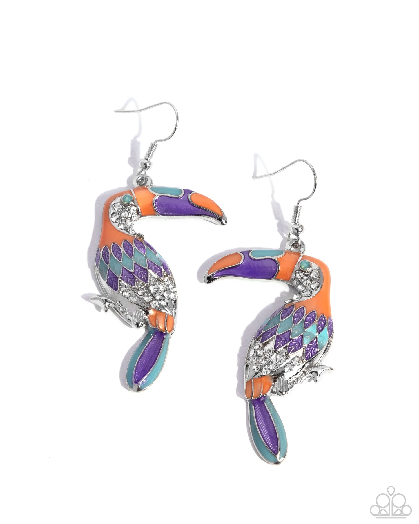 Toucan Tourist - Orange, Purple, Turquoise Enamel Toucan Silver Fishhook Earrings - Paparazzi Accessories