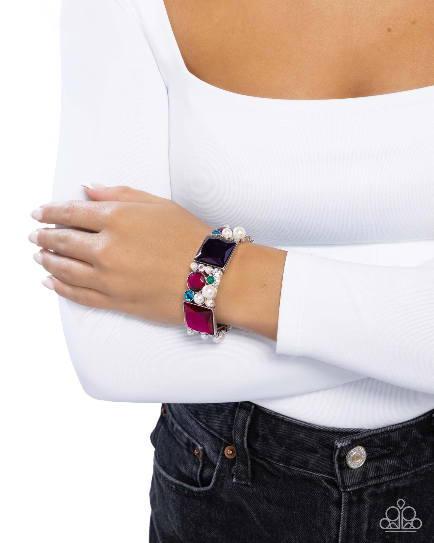Glam to the Max - Multi Gem & White Pearl Silver Stretchy Bracelet - Paparazzi Accessories
