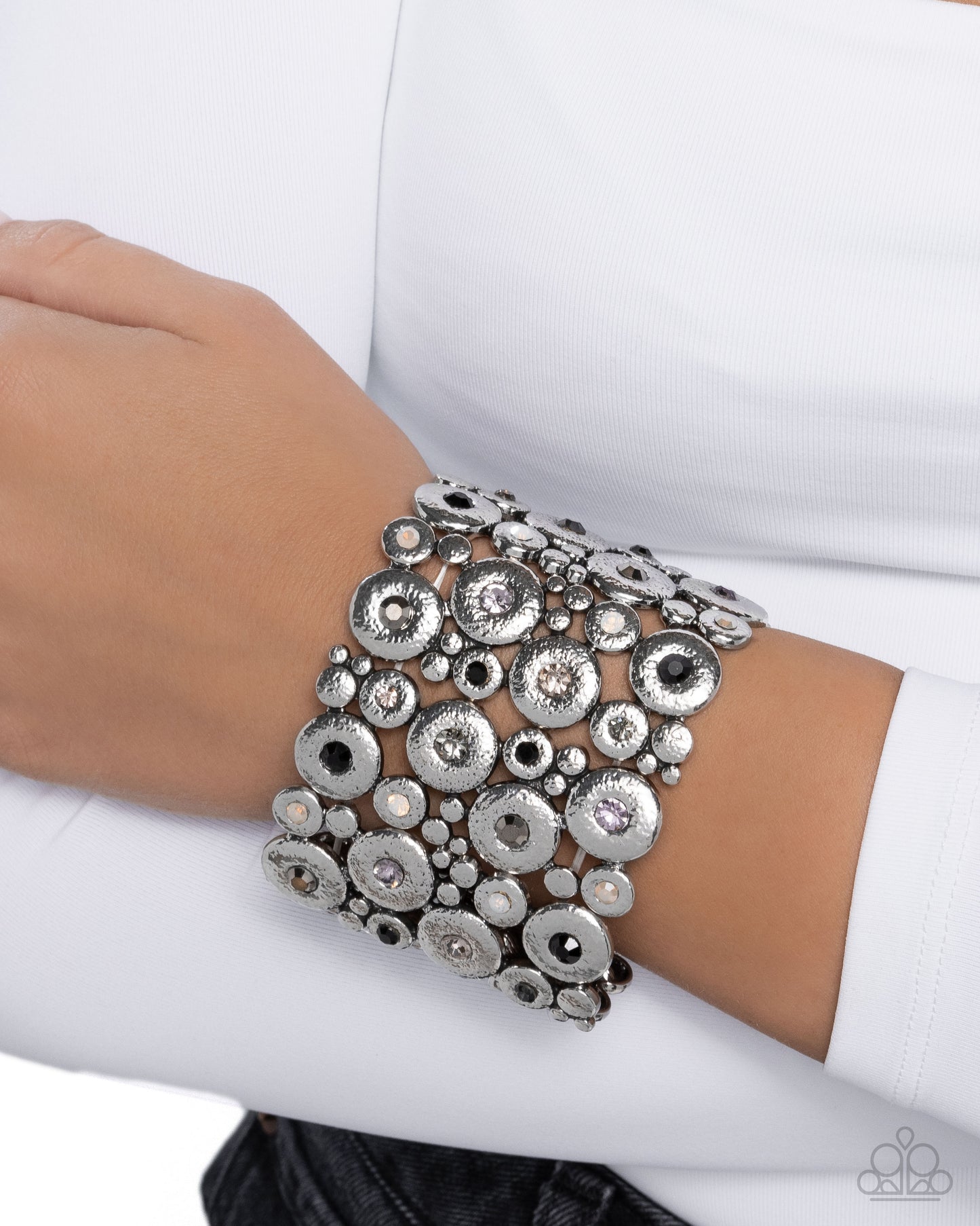 Millennial Medley - Black Iridescent Rhinestone Silver Stretchy Bracelet - Paparazzi Accessories