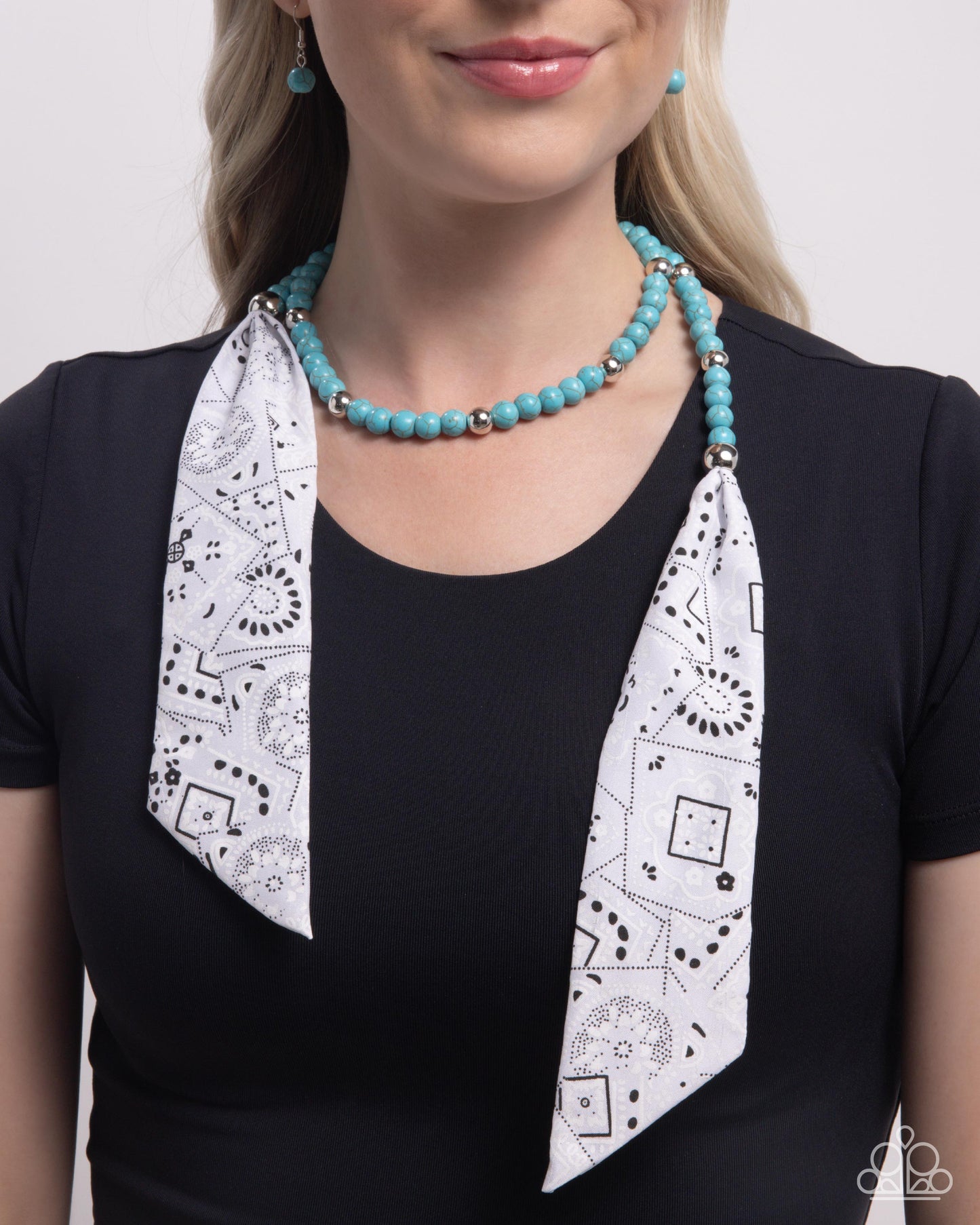 Bandana Ballad - Blue Stone Beads White Fabric Tie Closure Necklace - Paparazzi Accessories